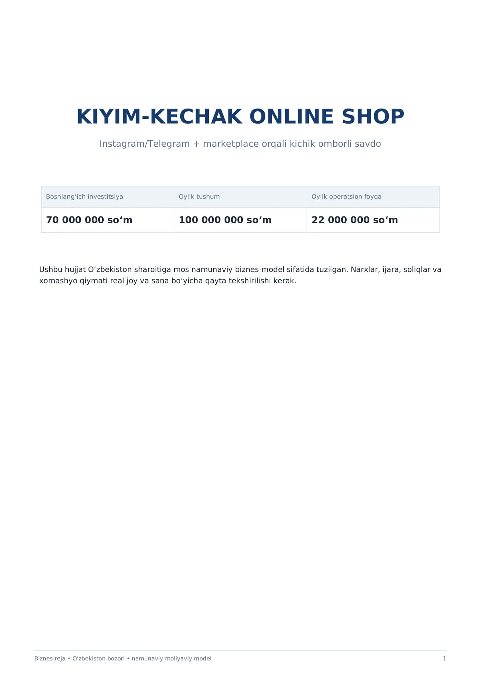 Mukammal KIYIM KECHAK biznes rejasi 1