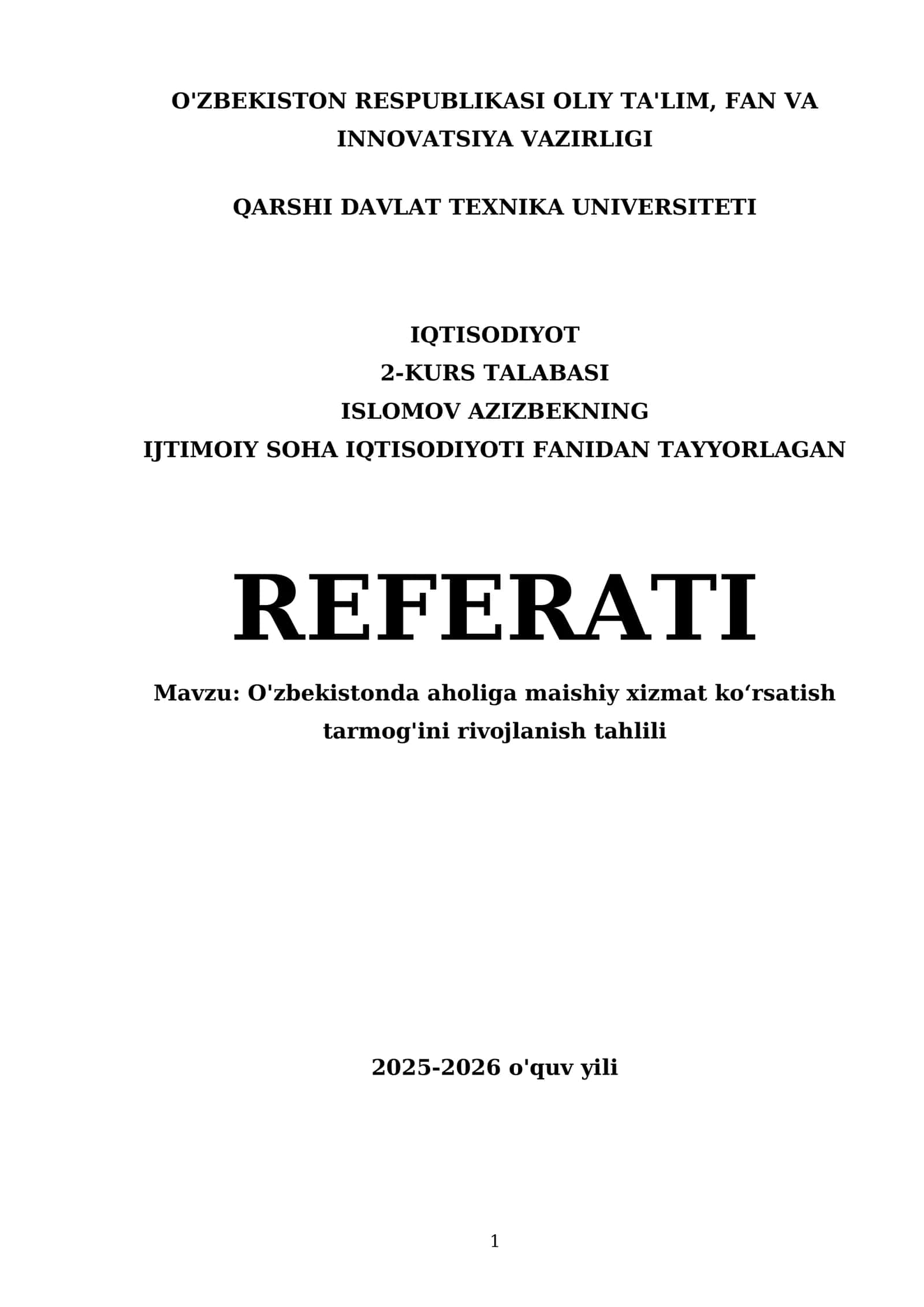 O'zbekistonda aholiga maishiy xizmat koʻrsatish tarmog'ini rivojlanish tahlili 1