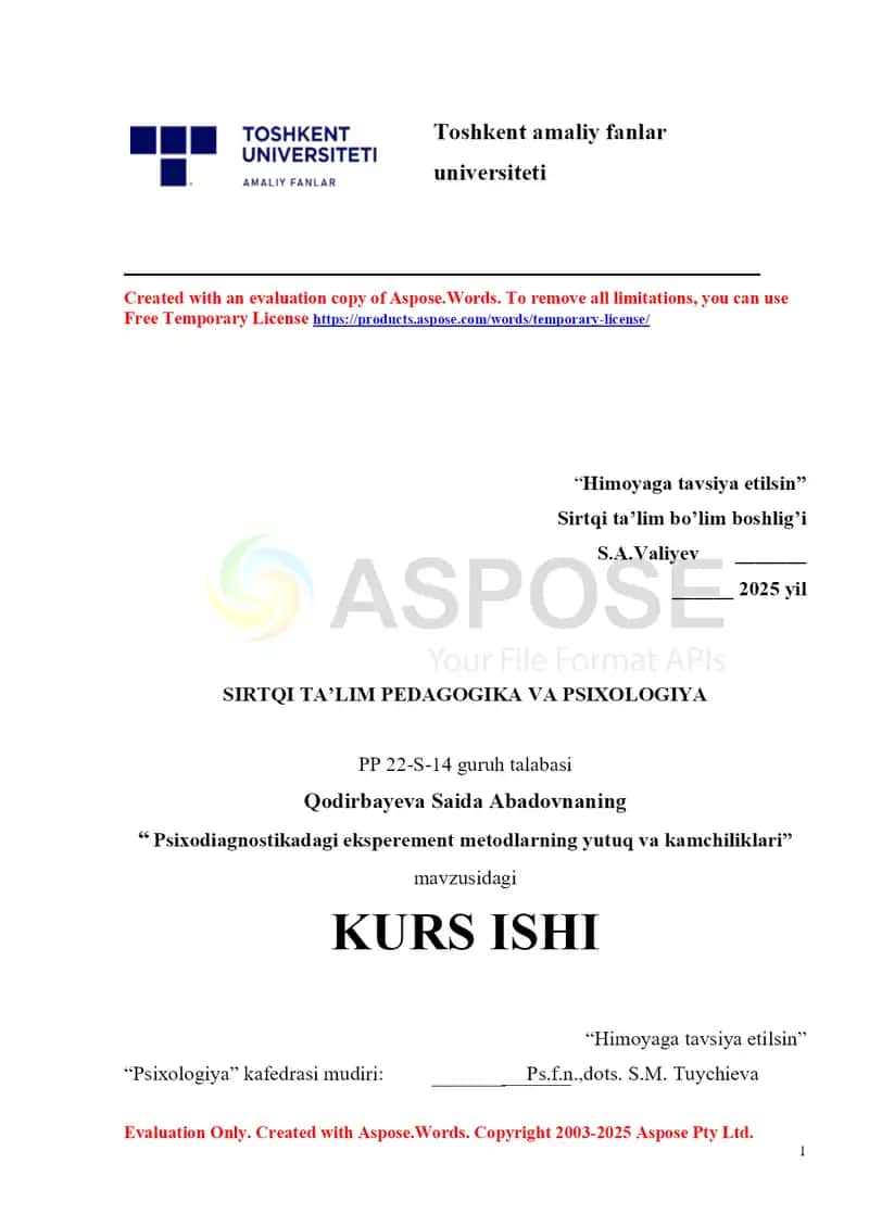 "Psixodiagnostikadagi eksperement metodlarning yutuq va kamchiliklari" 1