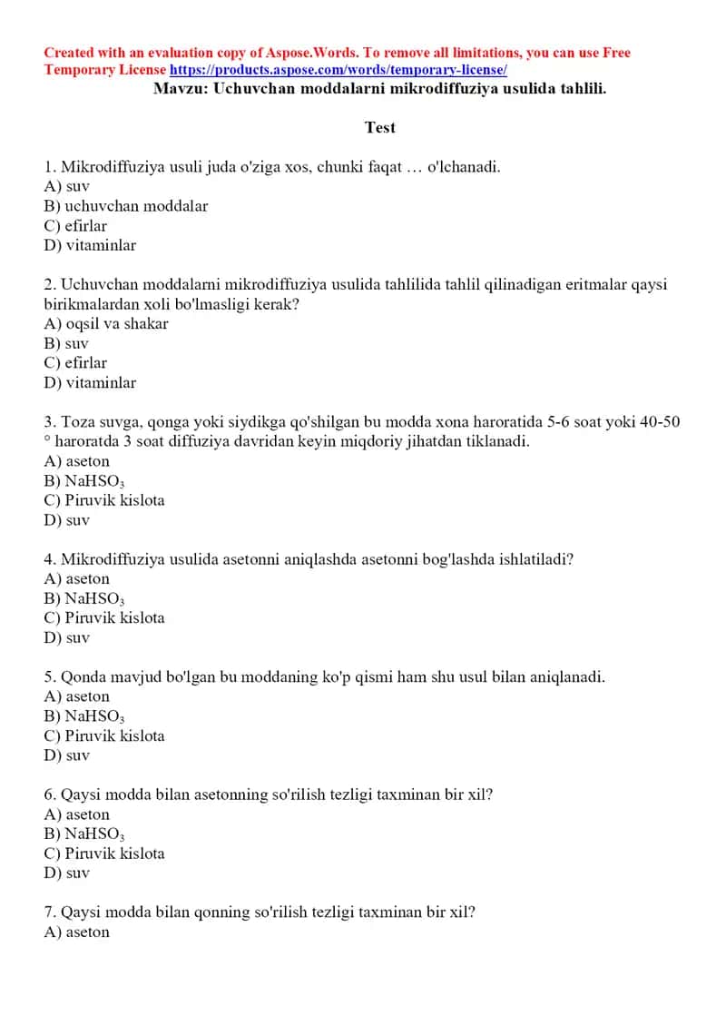 8. Uchuvchan moddalarni mikrodiffuziya usulida tahlili. Test, 10 ta 1