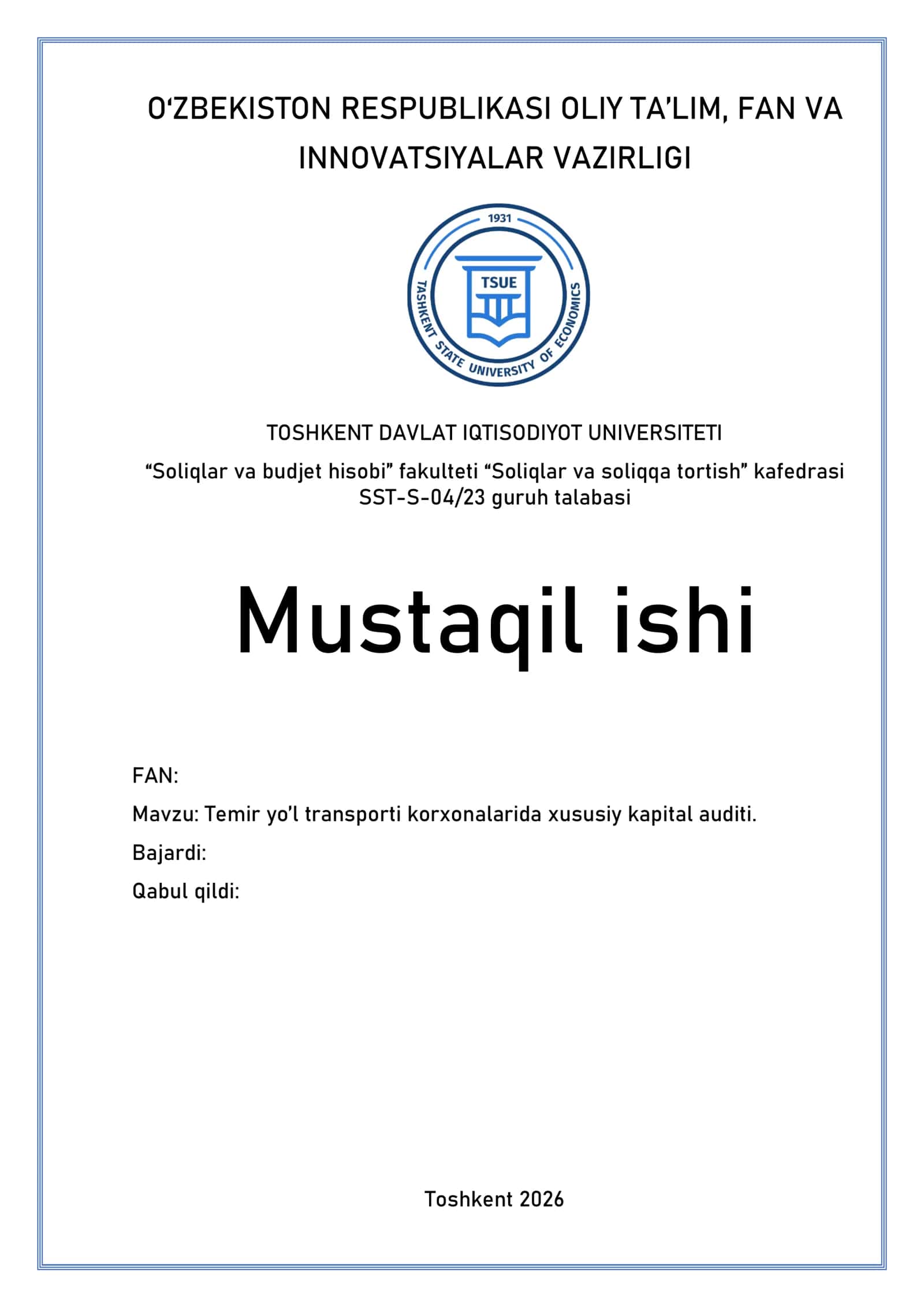 Temir yo’l transporti korxonalarida xususiy kapital auditi 1