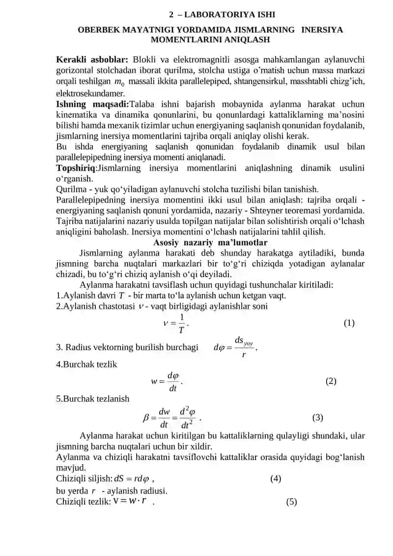 LABORATORIYA ISHI . OBERBEK MAYATNIGI YORDAMIDA JISMLARNING INERSIYA MOMENTLARINI ANIQLASH