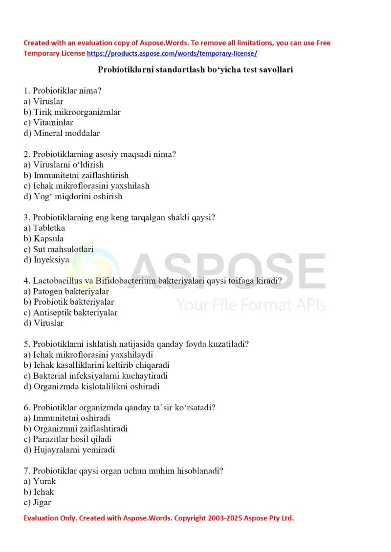 Probiotiklarni standartlash bo‘yicha test savollari 30 ta. Javobli. 1