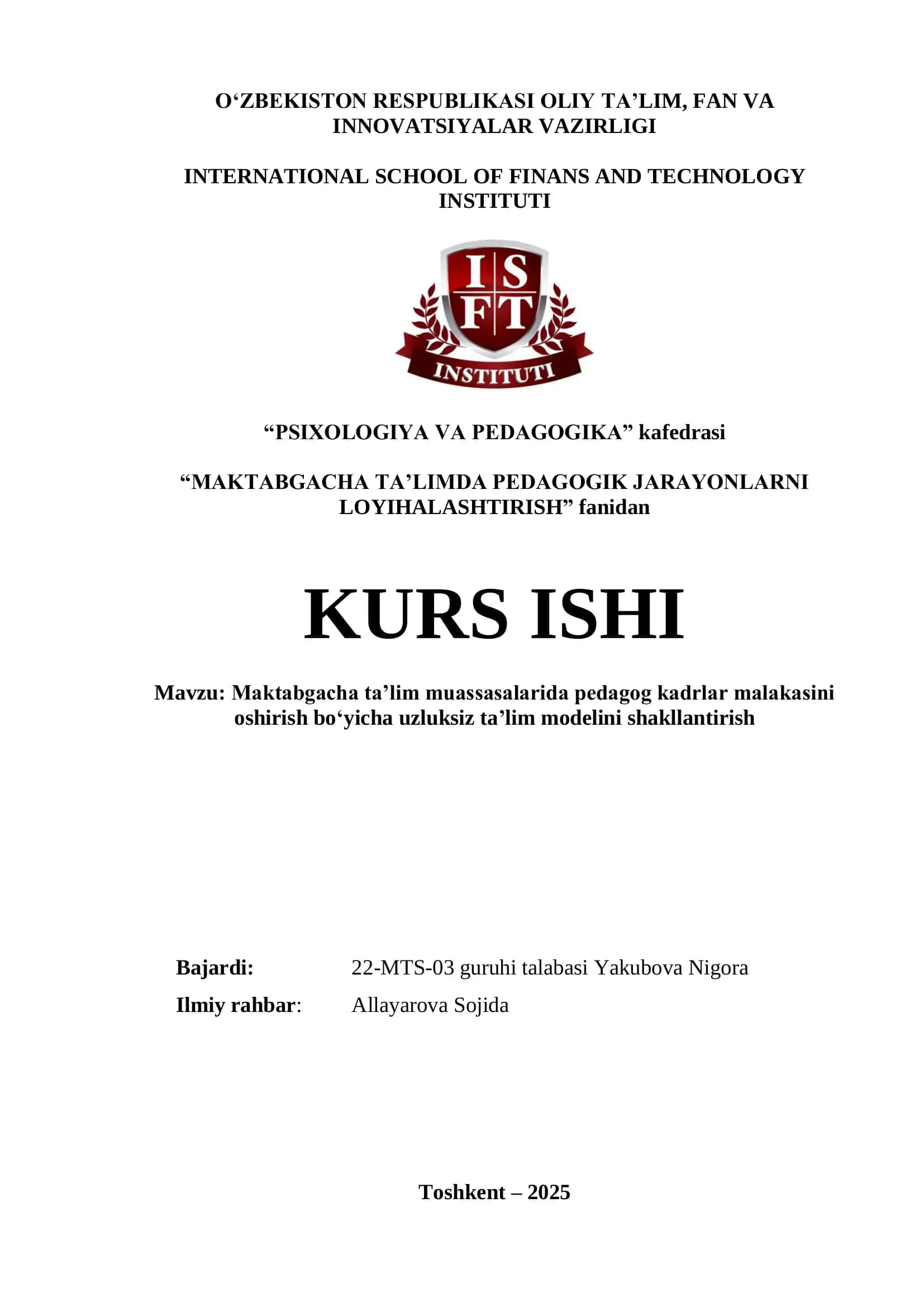 MAKTABGACHA TA’LIMDA PEDAGOGIK JARAYONLARNI LOYIHALASHTIRISH 1