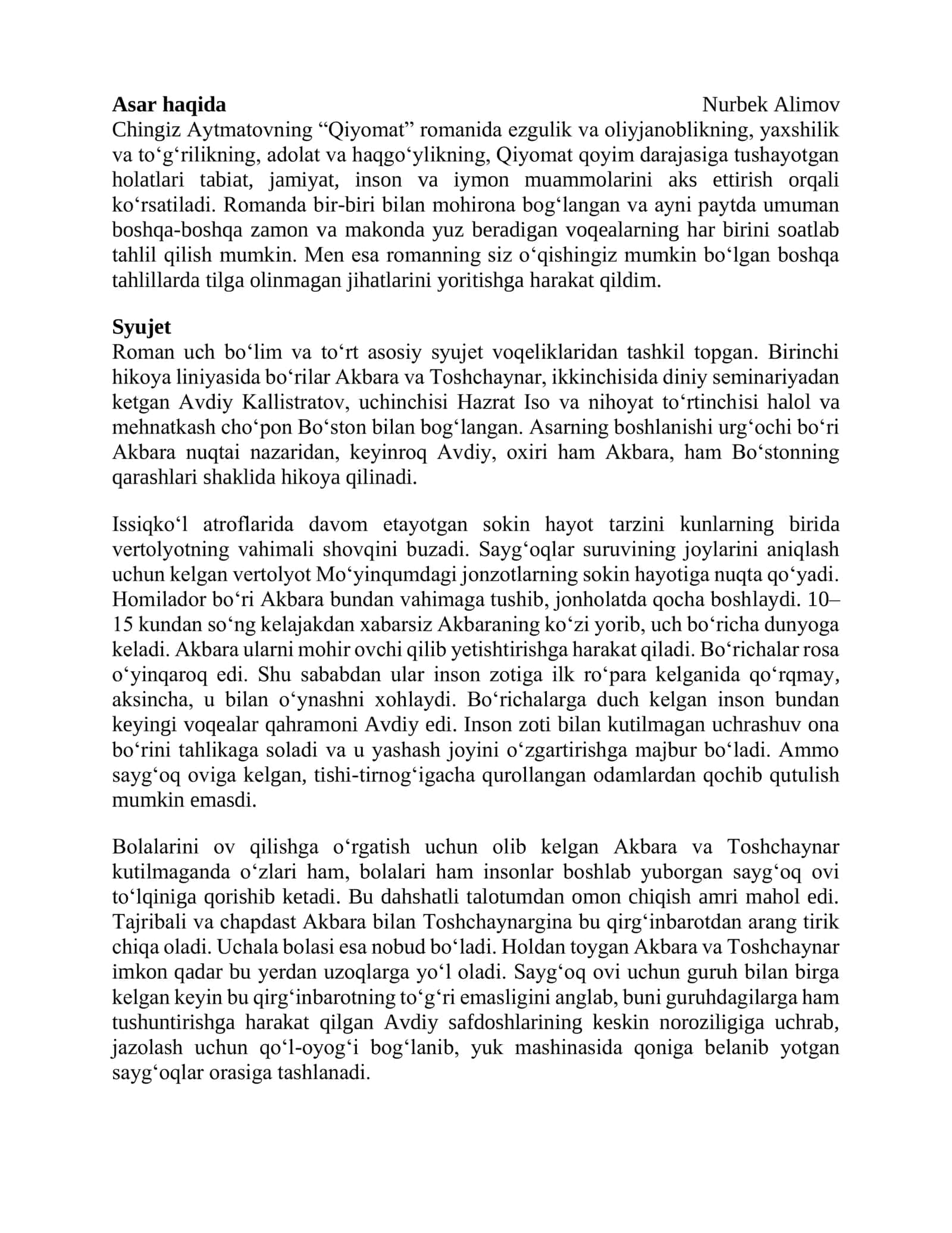 Qiyomat romani tahlili va syujeti 1
