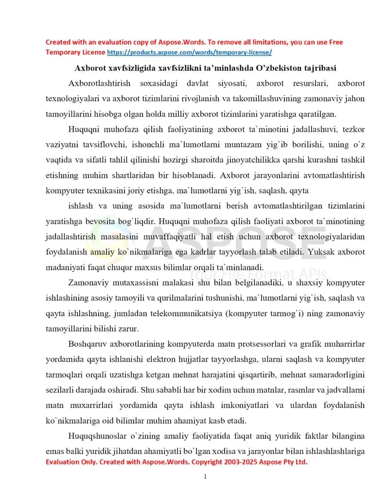 Axborot xavfsizligida xavfsizlikni ta’minlashda O’zbekiston tajribasi 1