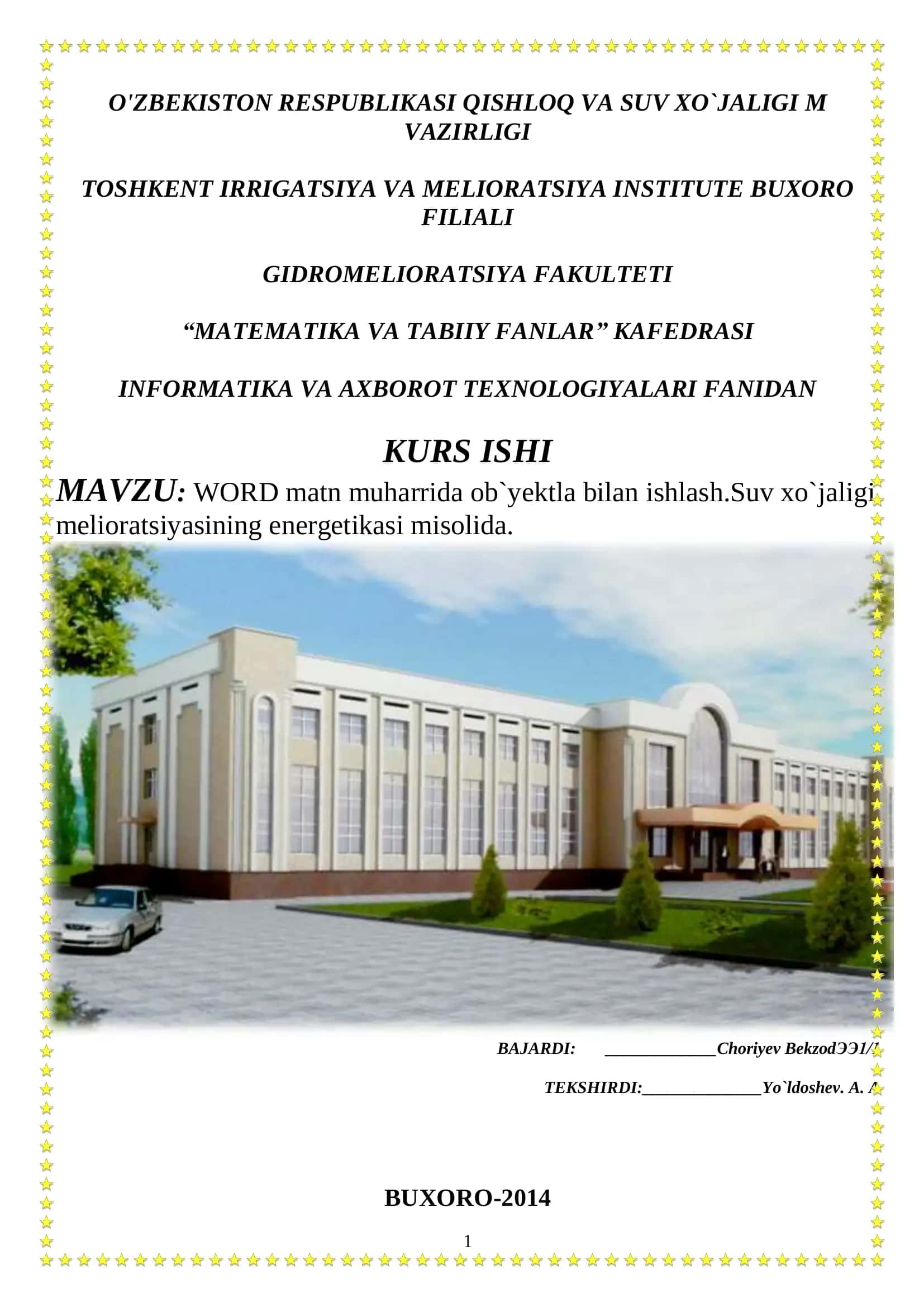 WORD matn muharrida ob'ektla bilan ishlash.Suv xo'jaligi melioratsiyasining energetikasi misolida 1