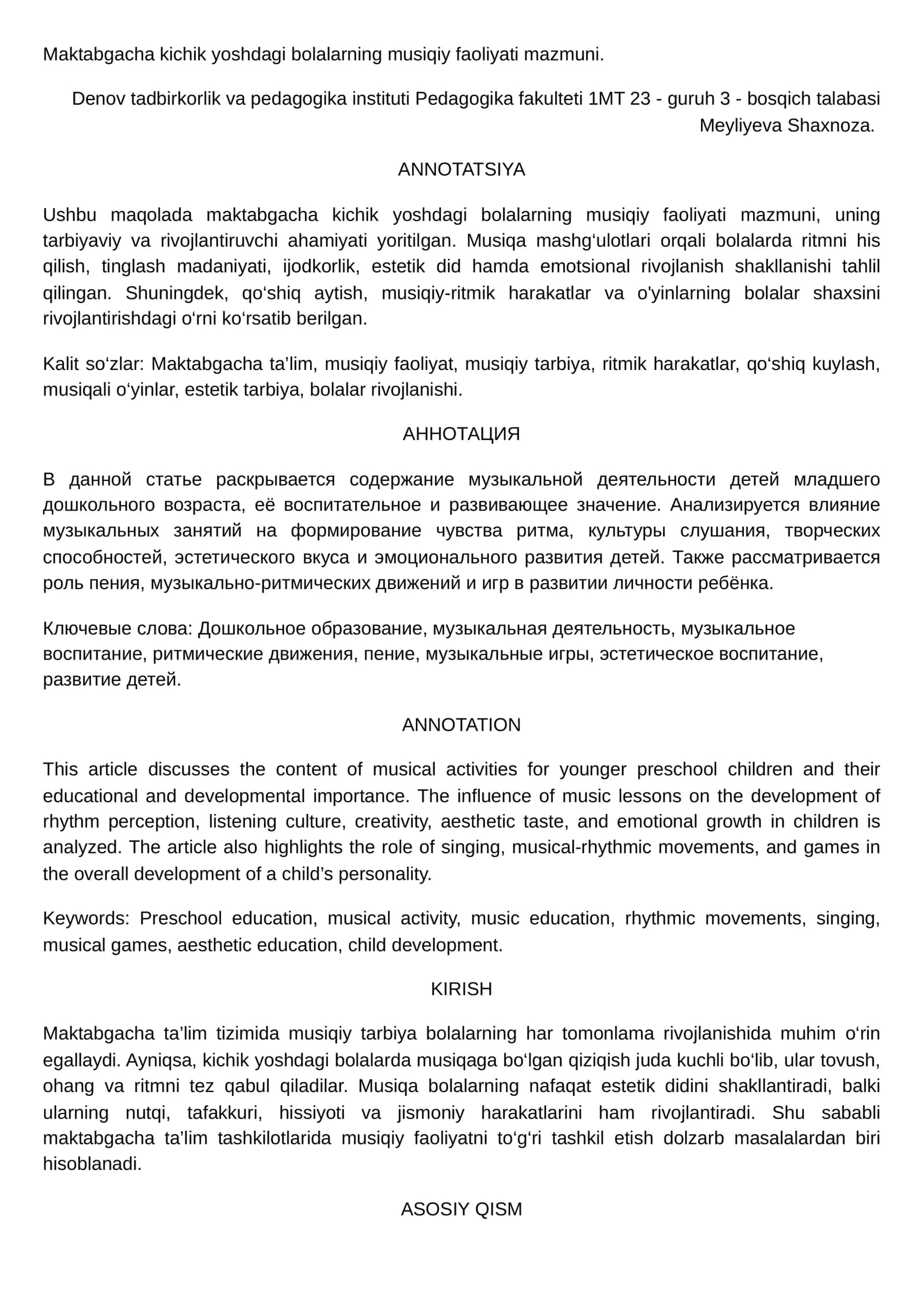 Maktabgacha kichik yoshdagi bolalarning musiqiy faoliyati mazmuni 1