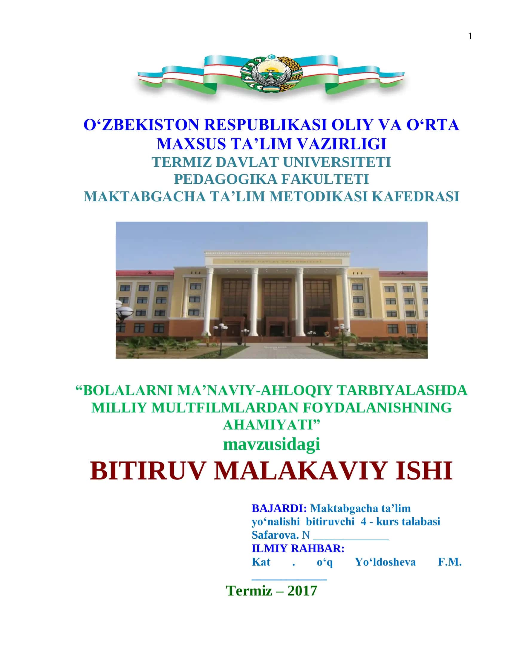 BOLALARNI MA’NAVIY-AHLOQIY TARBIYALASHDA MILLIY MULTFILMLARDAN FOYDALANISHNING AHAMIYATI 1