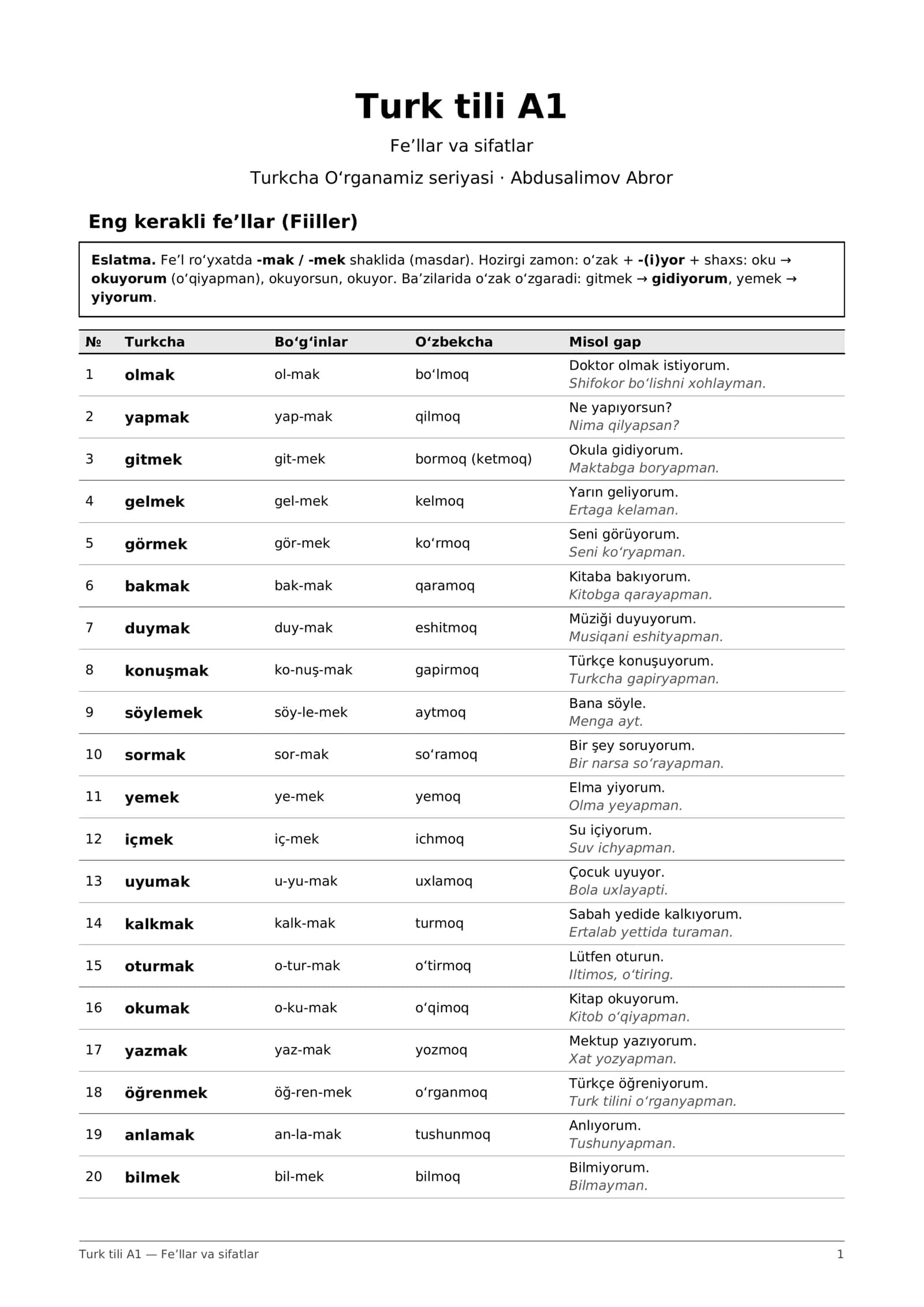 Eng kerakli fe'llar va sifatlar: A1 mini lug'at, 50 so'z + mashqlar (PDF) 1