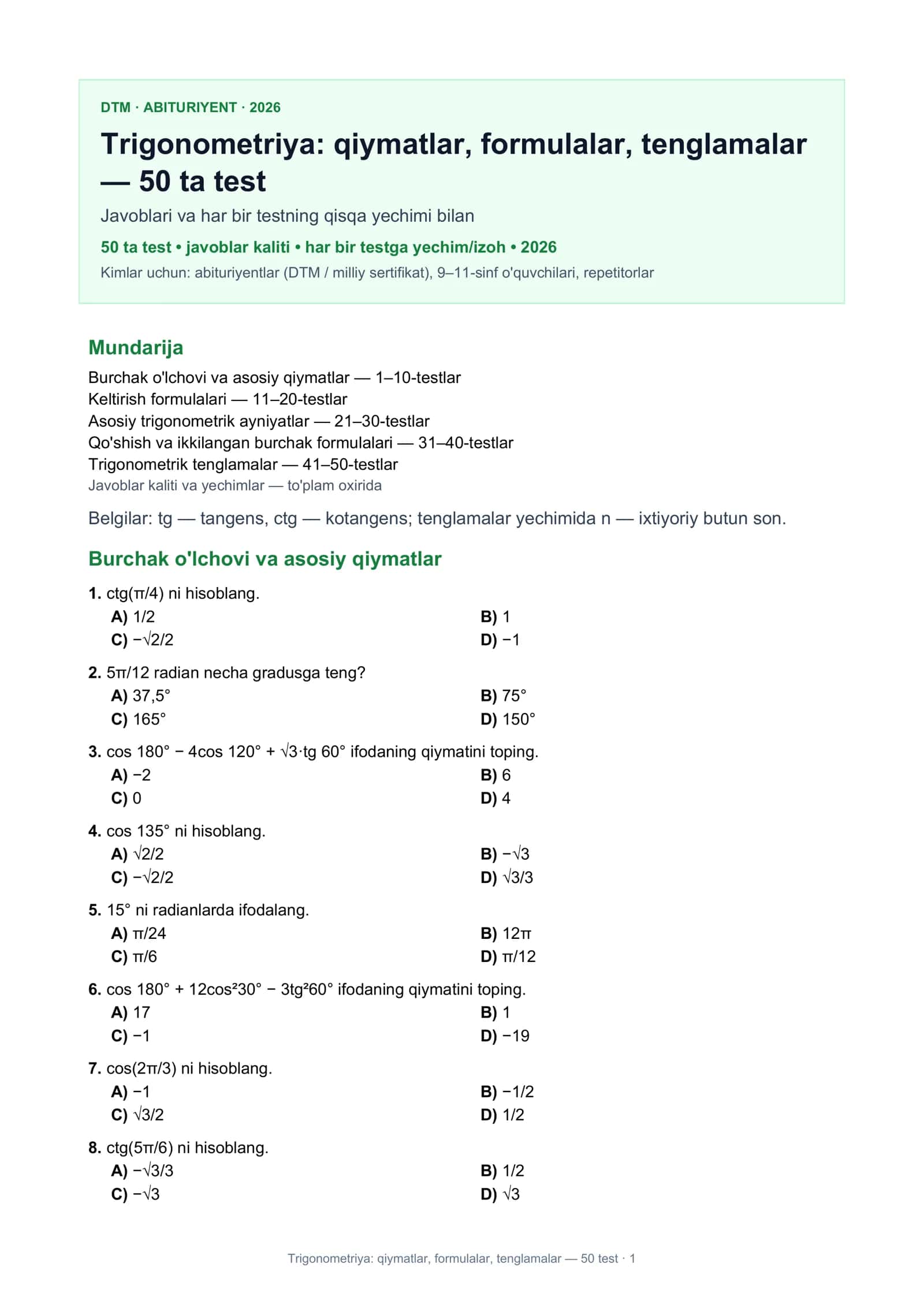 Trigonometriya: qiymatlar, formulalar, tenglamalar 1