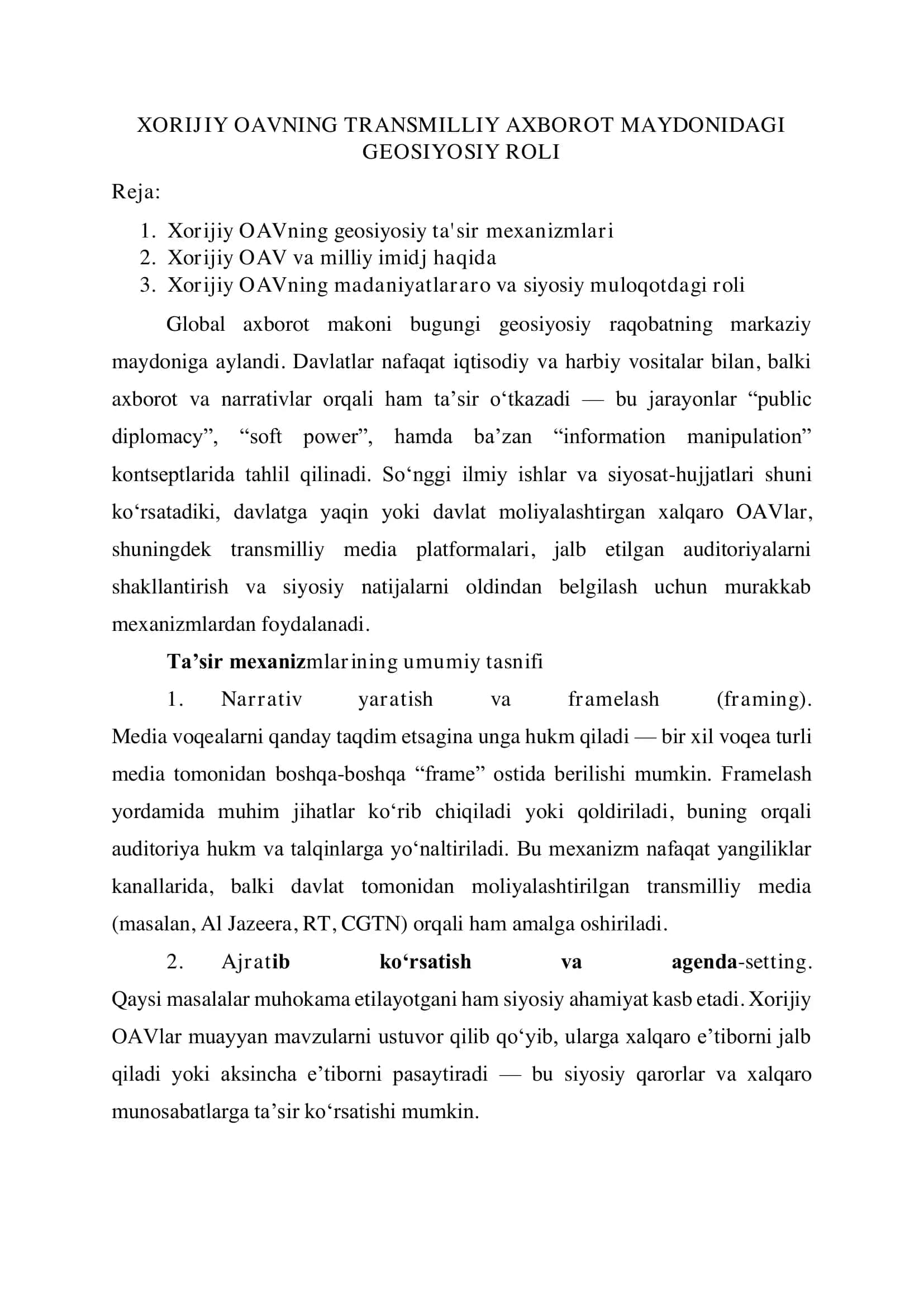 XORIJIY OAVNING TRANSMILLIY AXBOROT MAYDONIDAGI GEOSIYOSIY ROLI 1