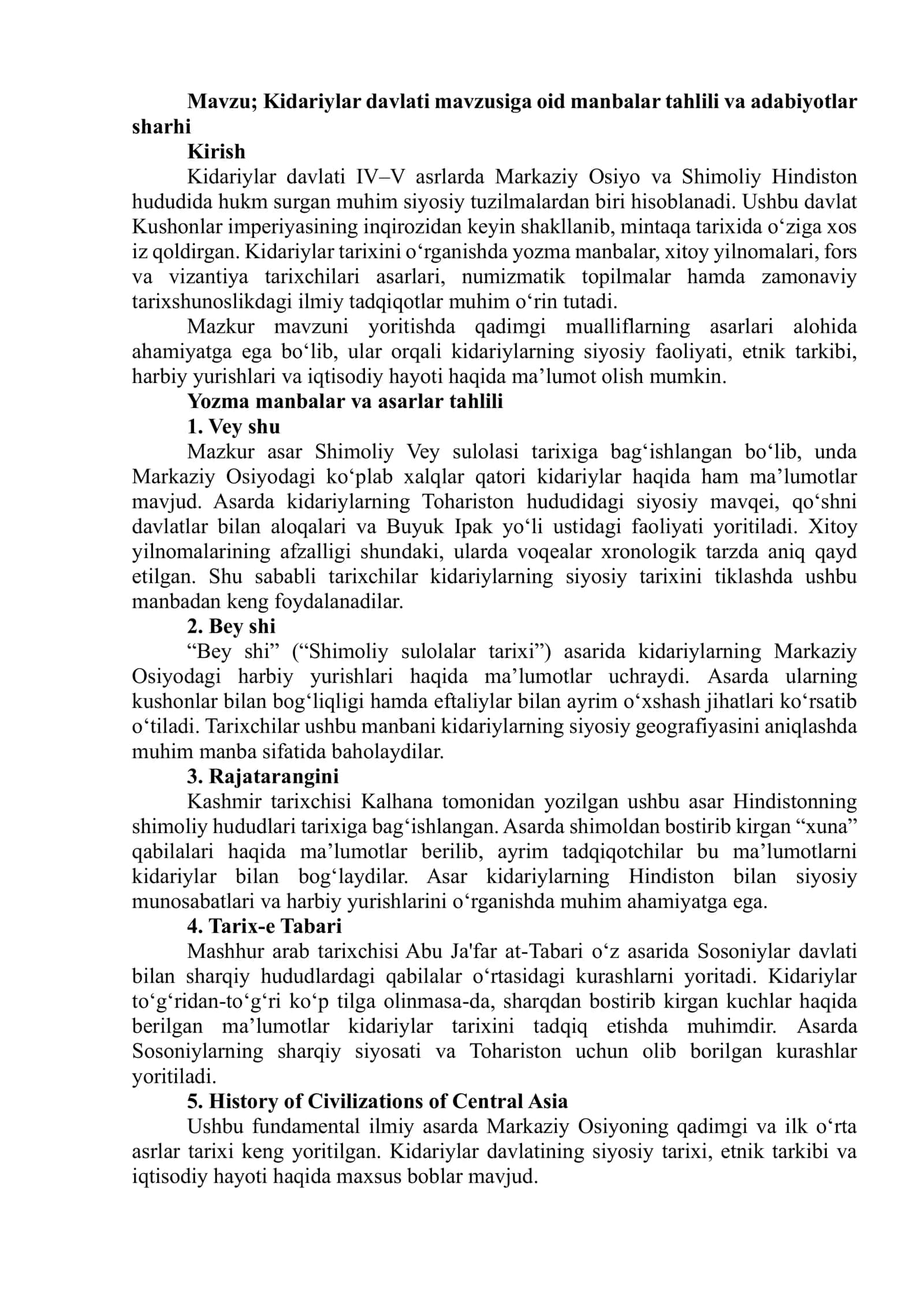 Kidariylar davlati mavzusiga oid manbalar tahlili va adabiyotlar sharhi 1