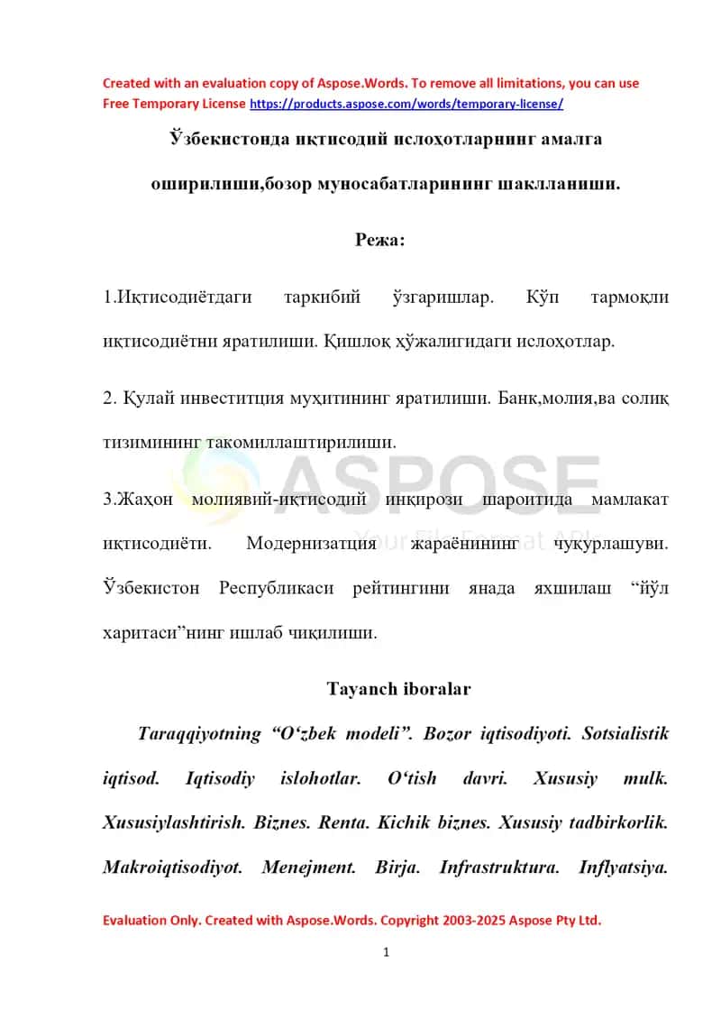 Ўзбекистонда иқтисодий ислоҳотларнинг амалга оширилиши, бозор муносабатларининг шаклланиши 1