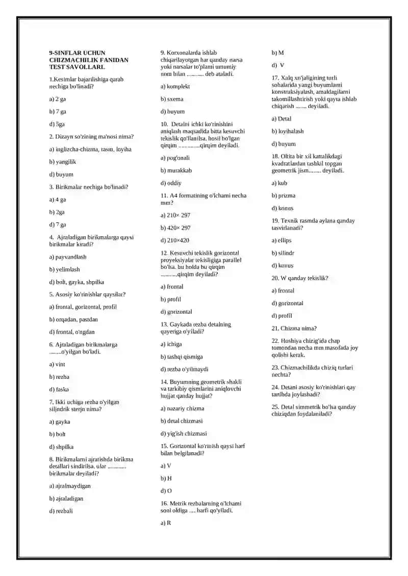 Chizmachilik fanidan test savollari