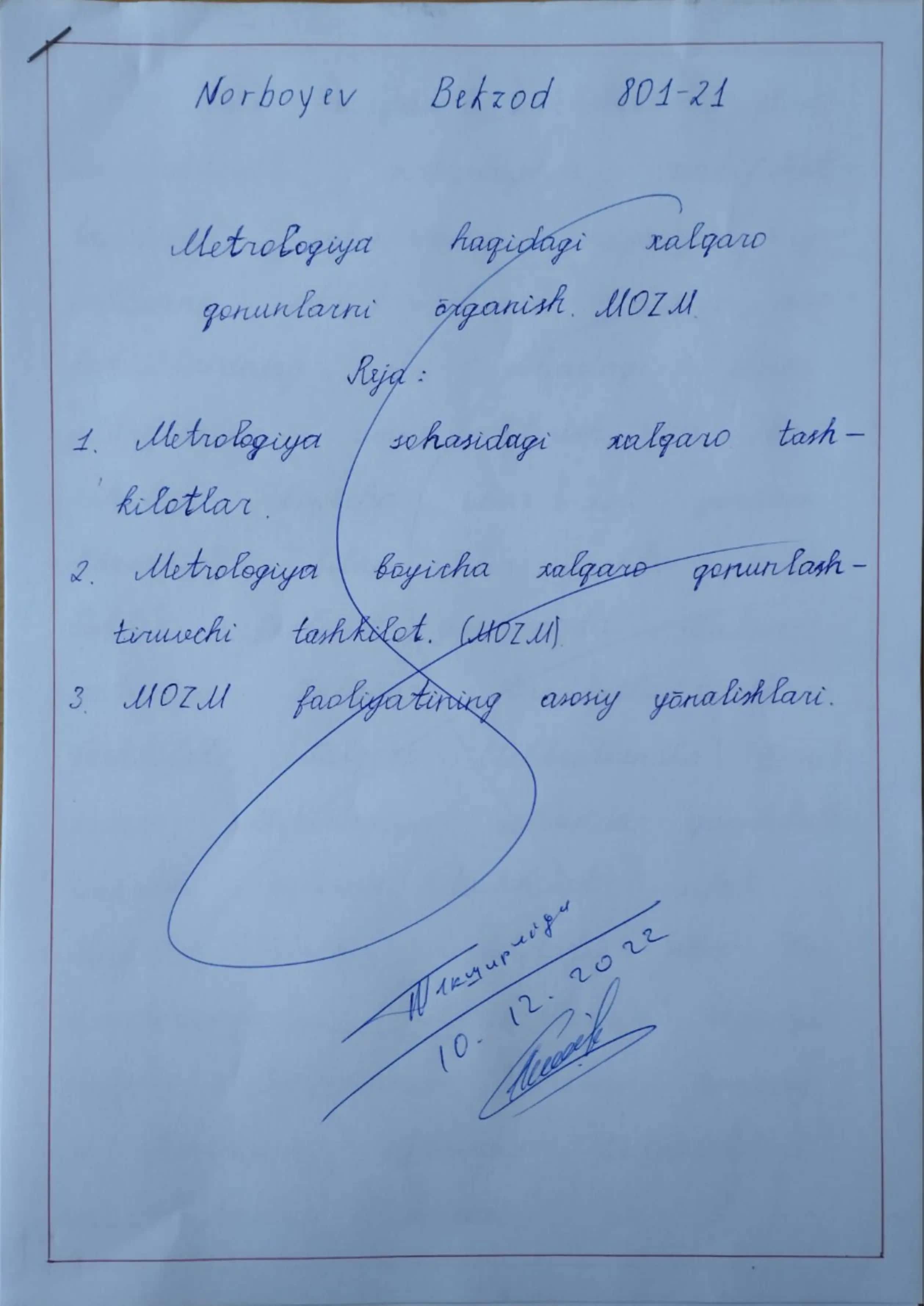 Metrologiya haqidagi xalqaro qonunlarni o'rganish. MOZM 1