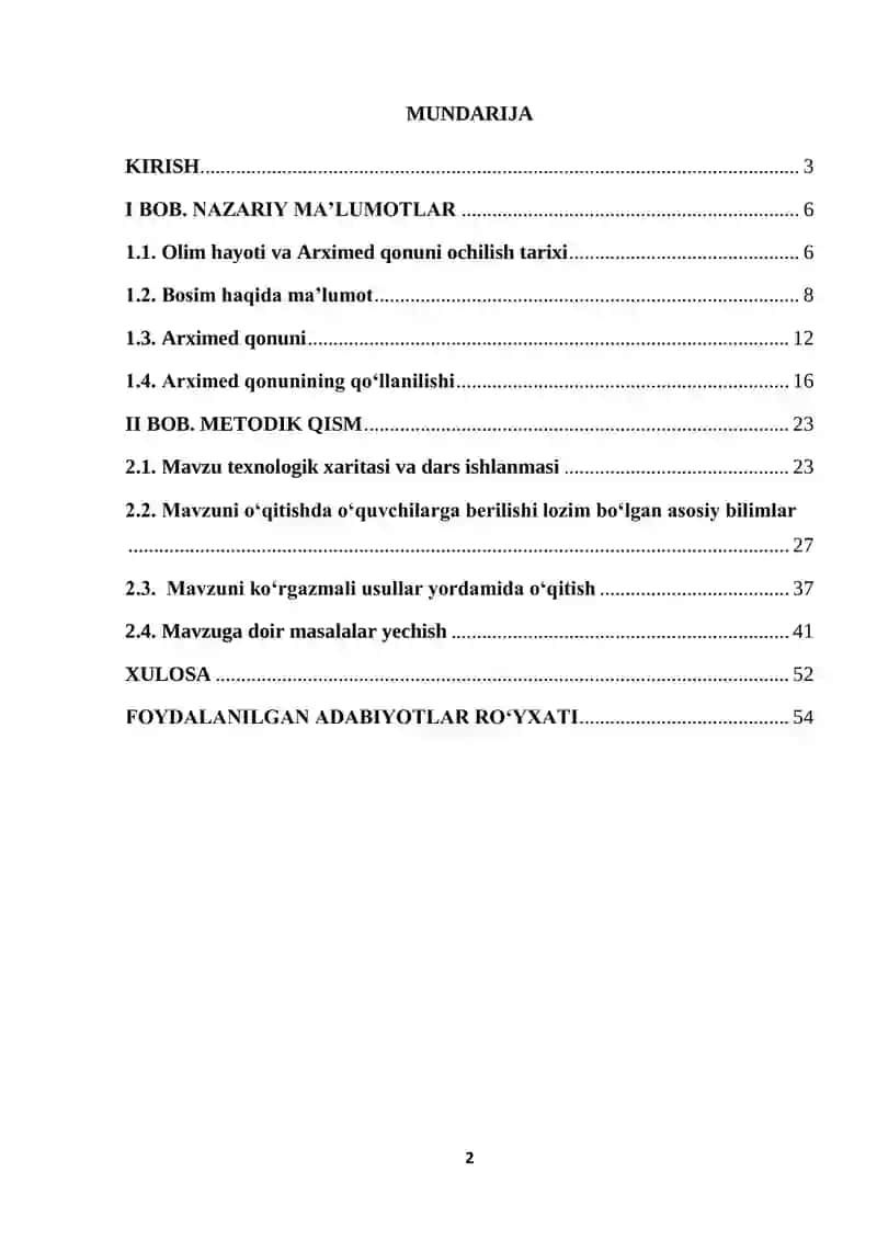 Akademik litseylarda Arximed qonuni mavzusini o‘qitish metodikasi 1