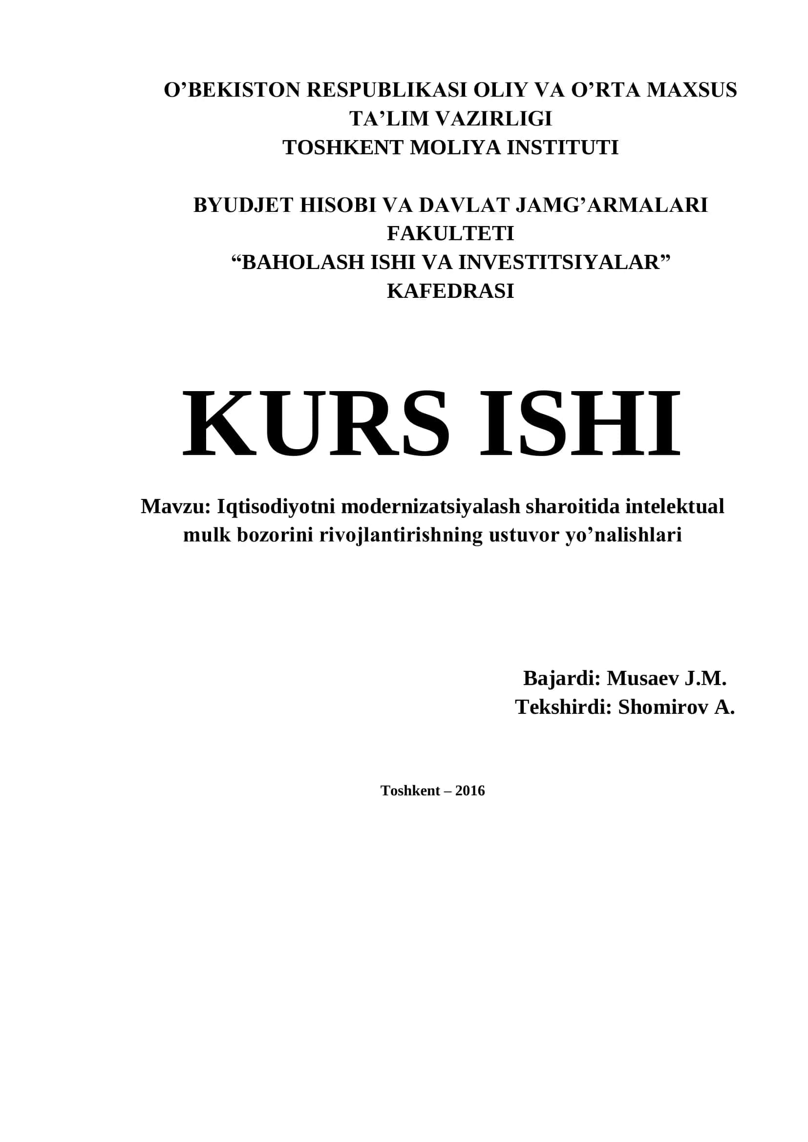 Iqtisodiyotni modernizatsiyalash sharoitida intelektual mulk bozorini rivojlantirishning ustuvor yo‟nalishlari 1