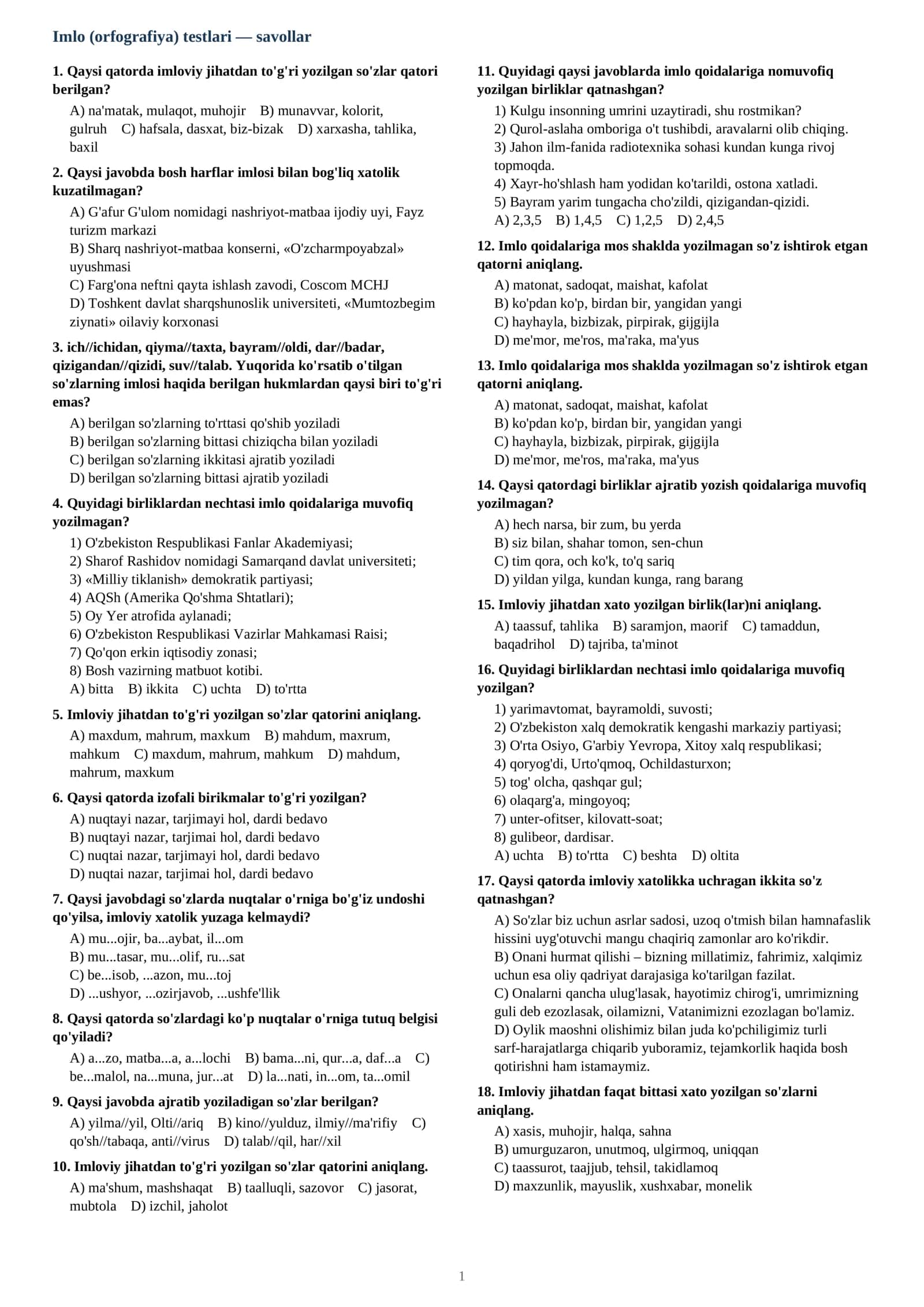 Imlo (orfografiya) testlari — savollar 1