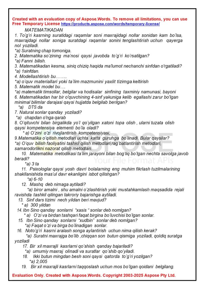 MATEMATIKADAN ped mahorat test savollari javoblari bilan avgust 2025 boshlangich 1