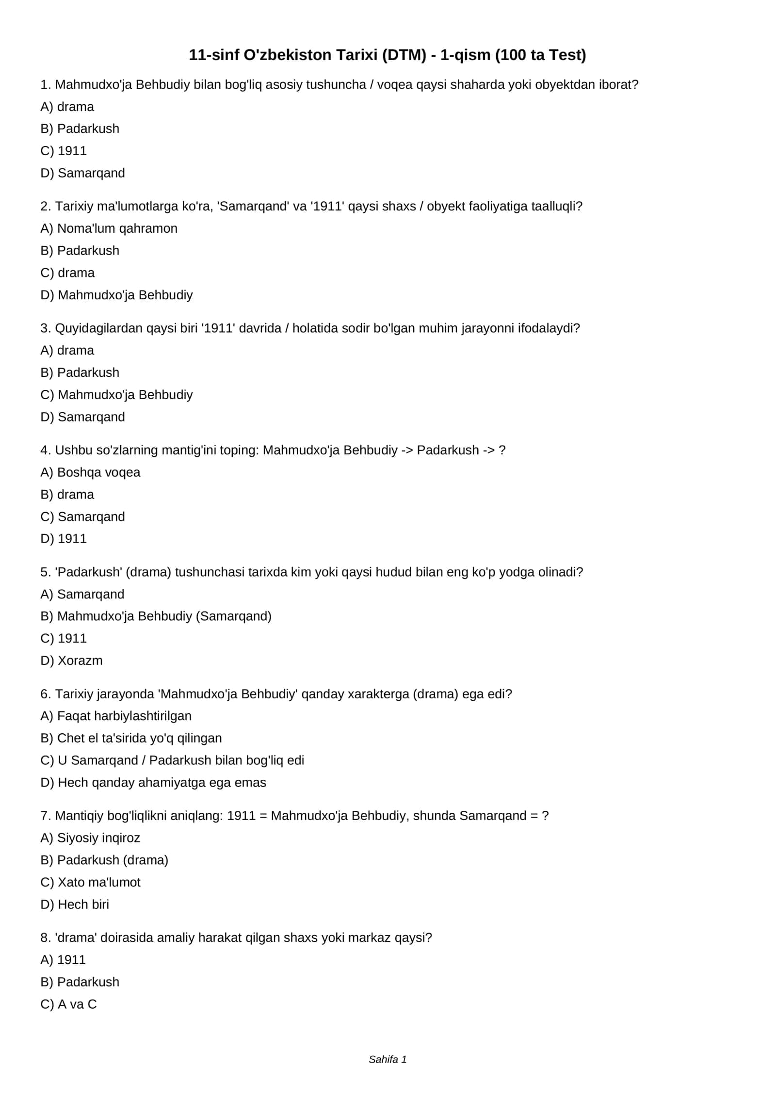 11-sinf O'zbekiston Tarixi (DTM) - 1-qism (100 ta Test) 1