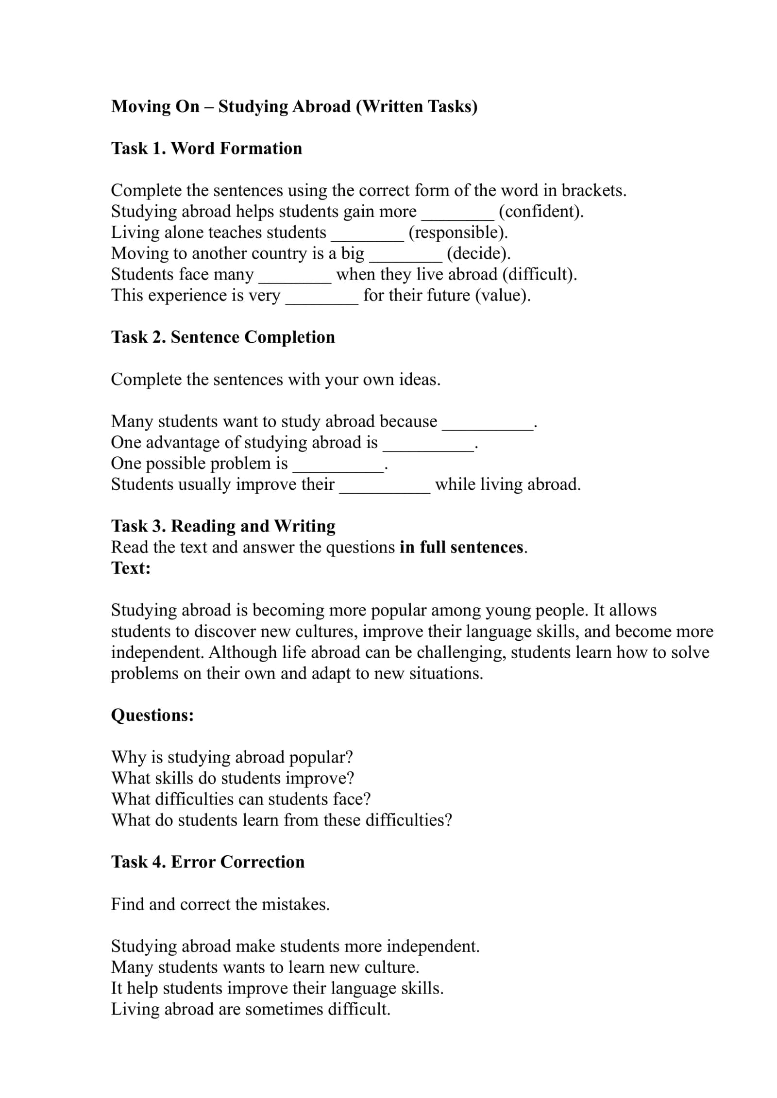 Moving On – Studying Abroad (Written Tasks) 1