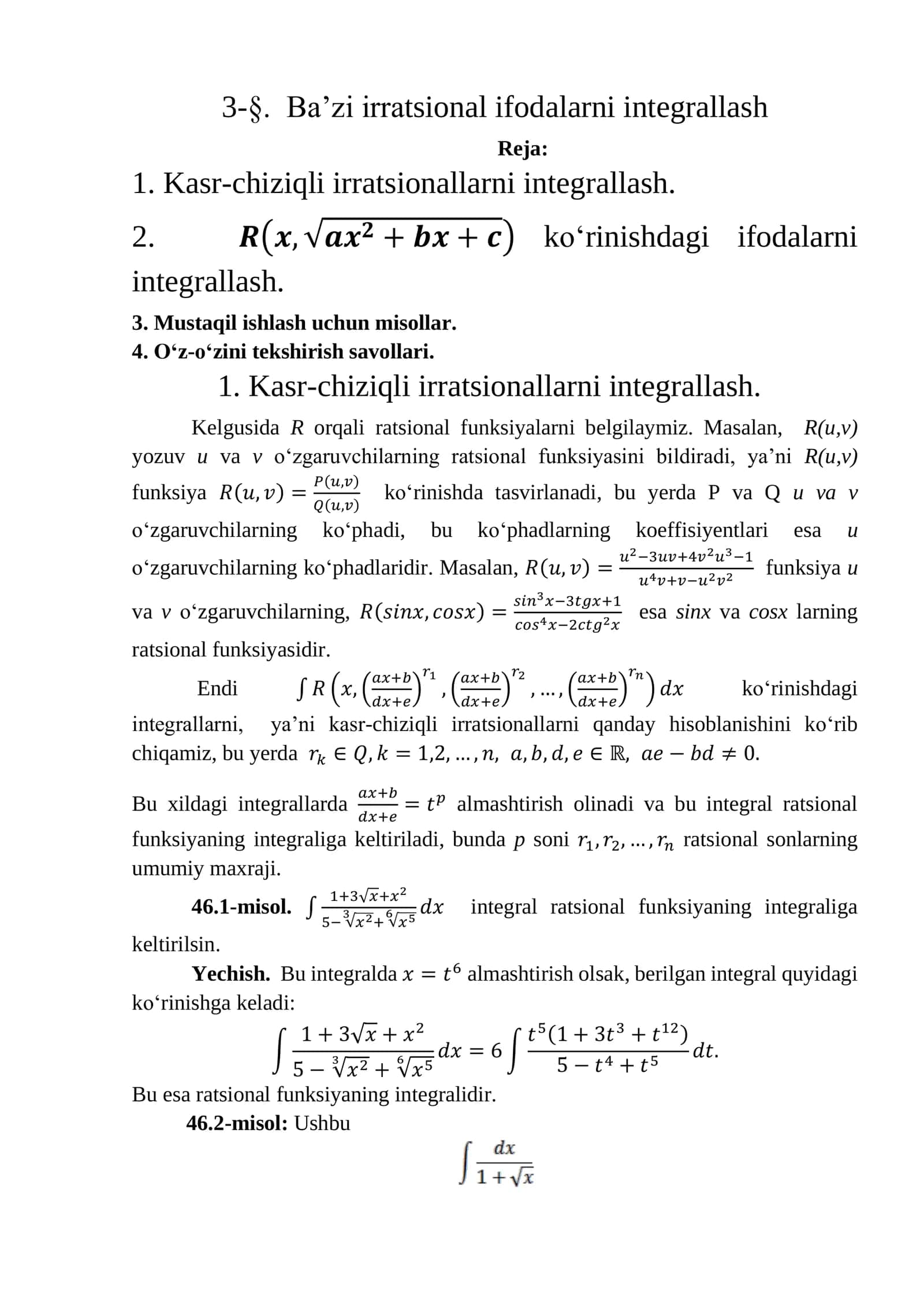 Ba’zi irratsional ifodalarni integrallash 1