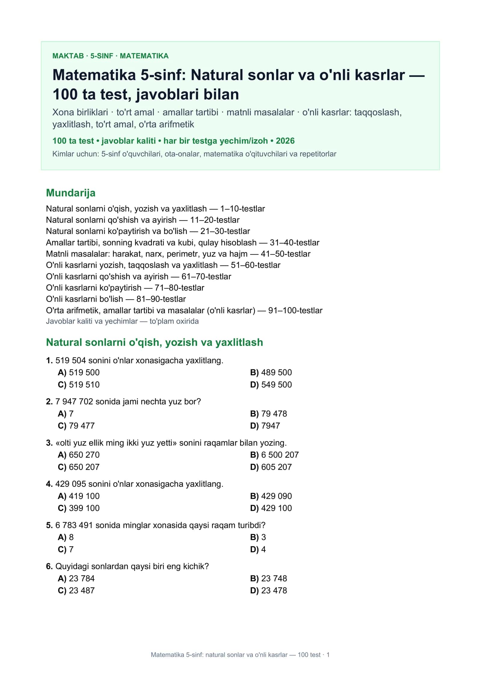 Matematika 5-sinf: natural sonlar va o'nli kasrlar — 100 test 1