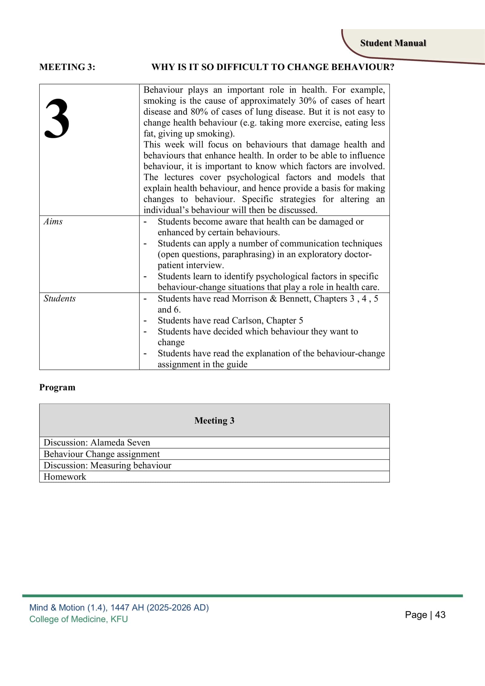 Mind & Motion (1. 4), 1447 AH (2025-2026 AD) College of Medicine, KFU Student Manual 1