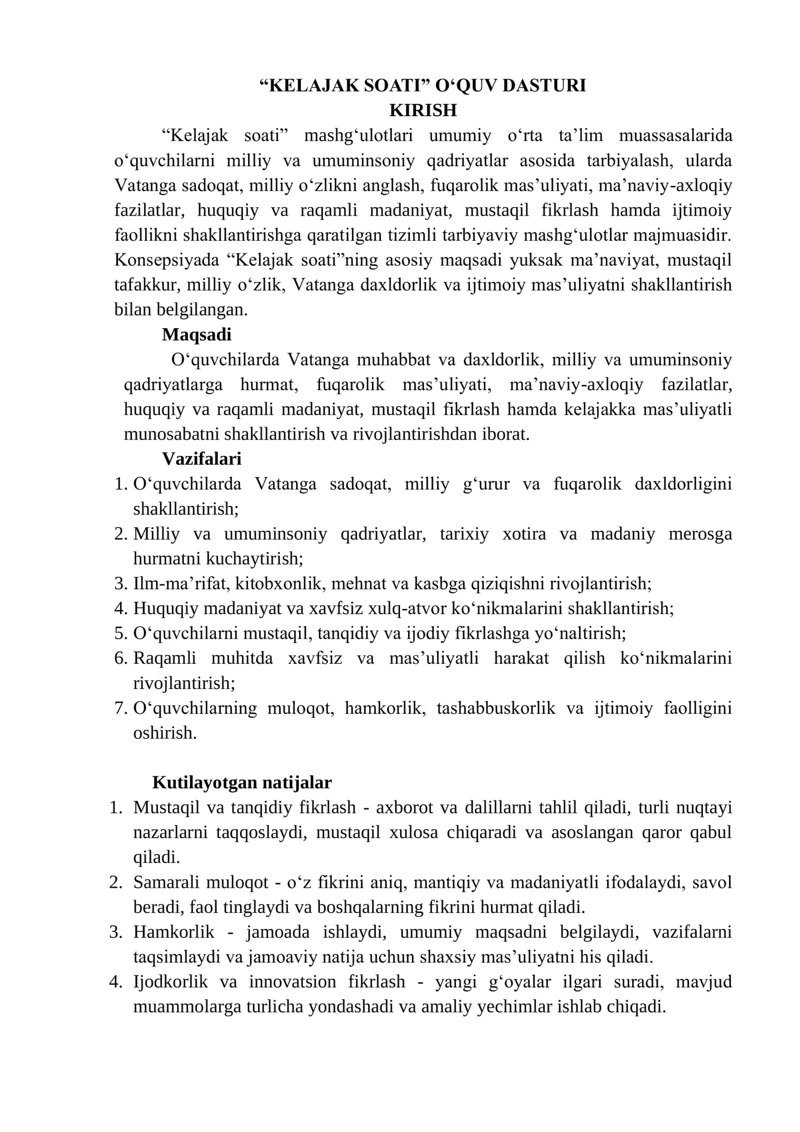"Kelajak Soati" O'quv Dasturi (1-4-sinf) 1