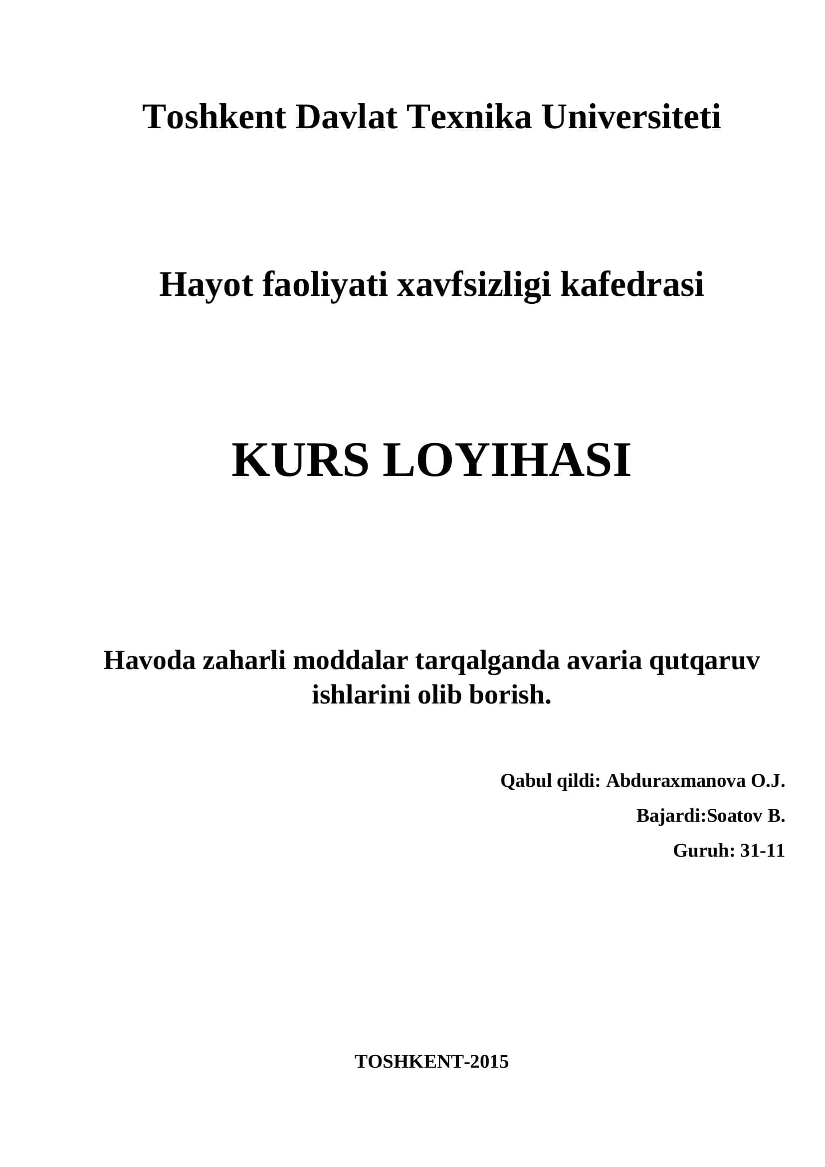 Zaharli Moddalar Tarqalganda Avaria Qutqaruv 1
