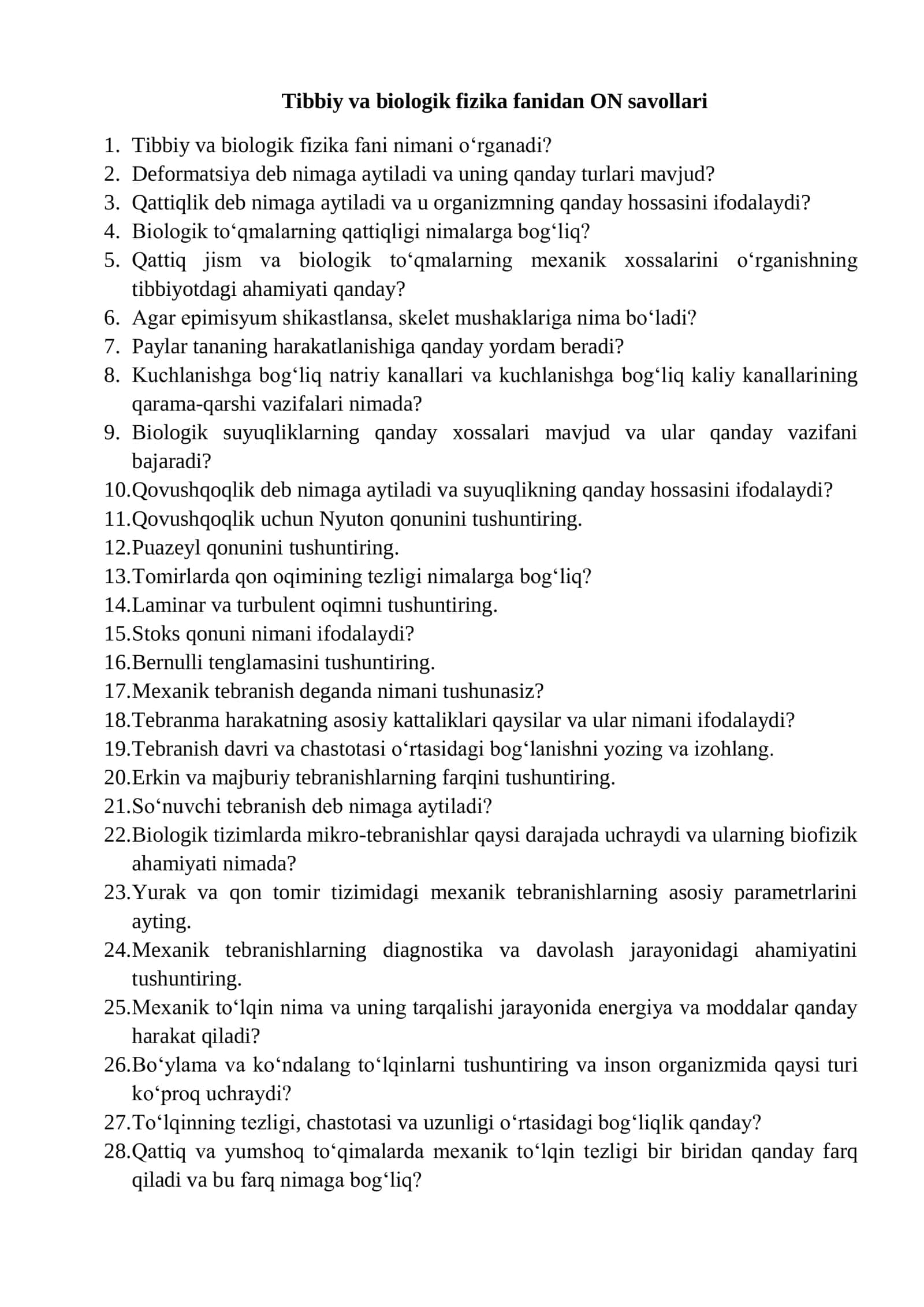Tibbiy va biologik fizika fanidan ON savollari 1