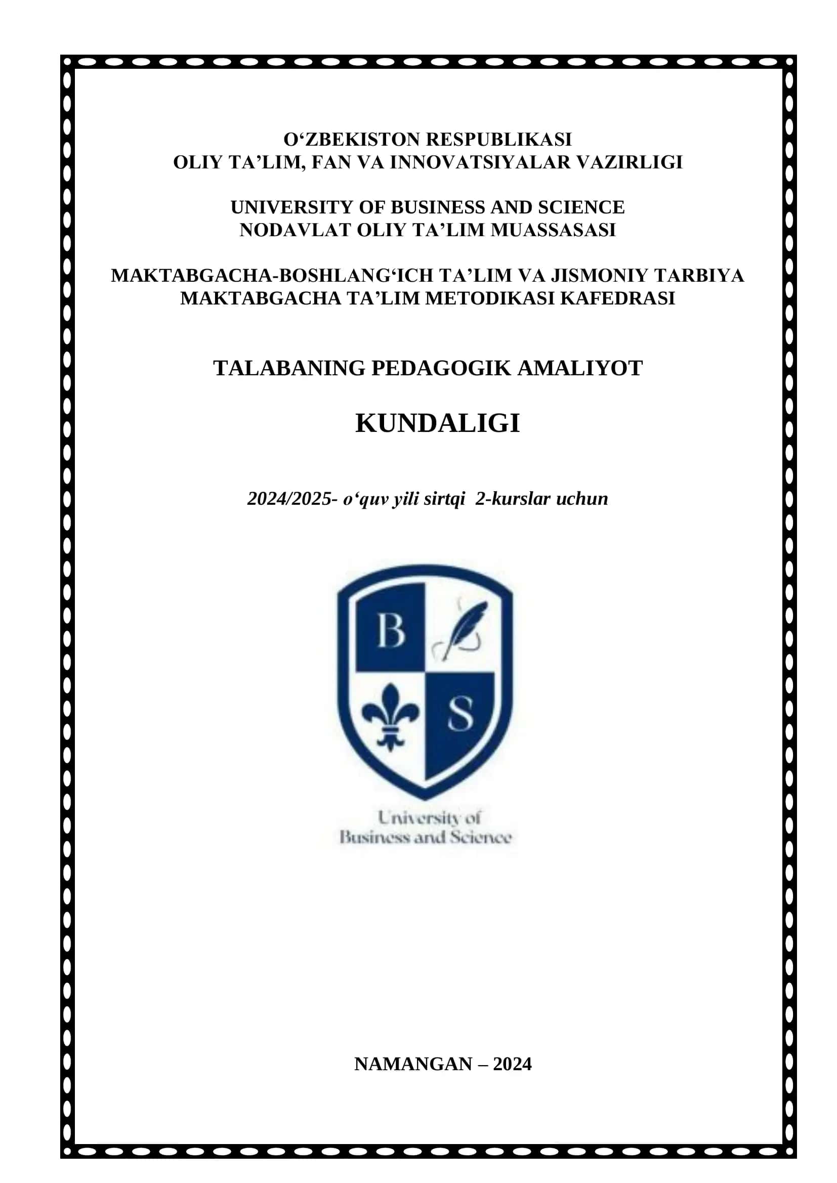 Pedagogik amaliyotni qayd etish bo‘yicha KUNDALIK DAFTARI 1