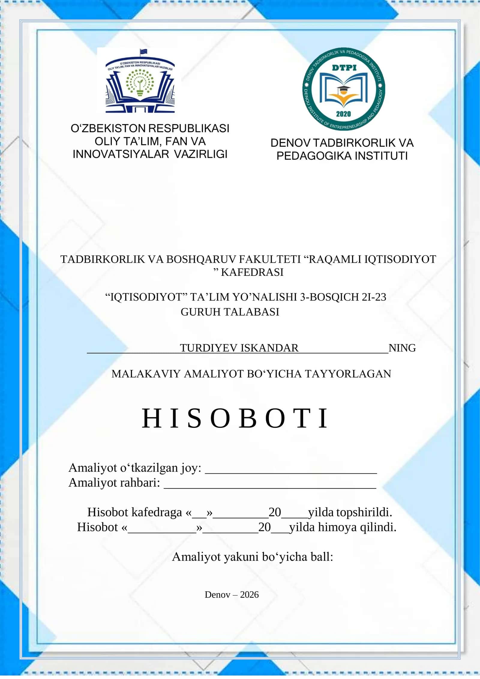 Denov tuman Omon el-denov”X/K o`z malakaviy amaliyoti Soliq tizimini 1