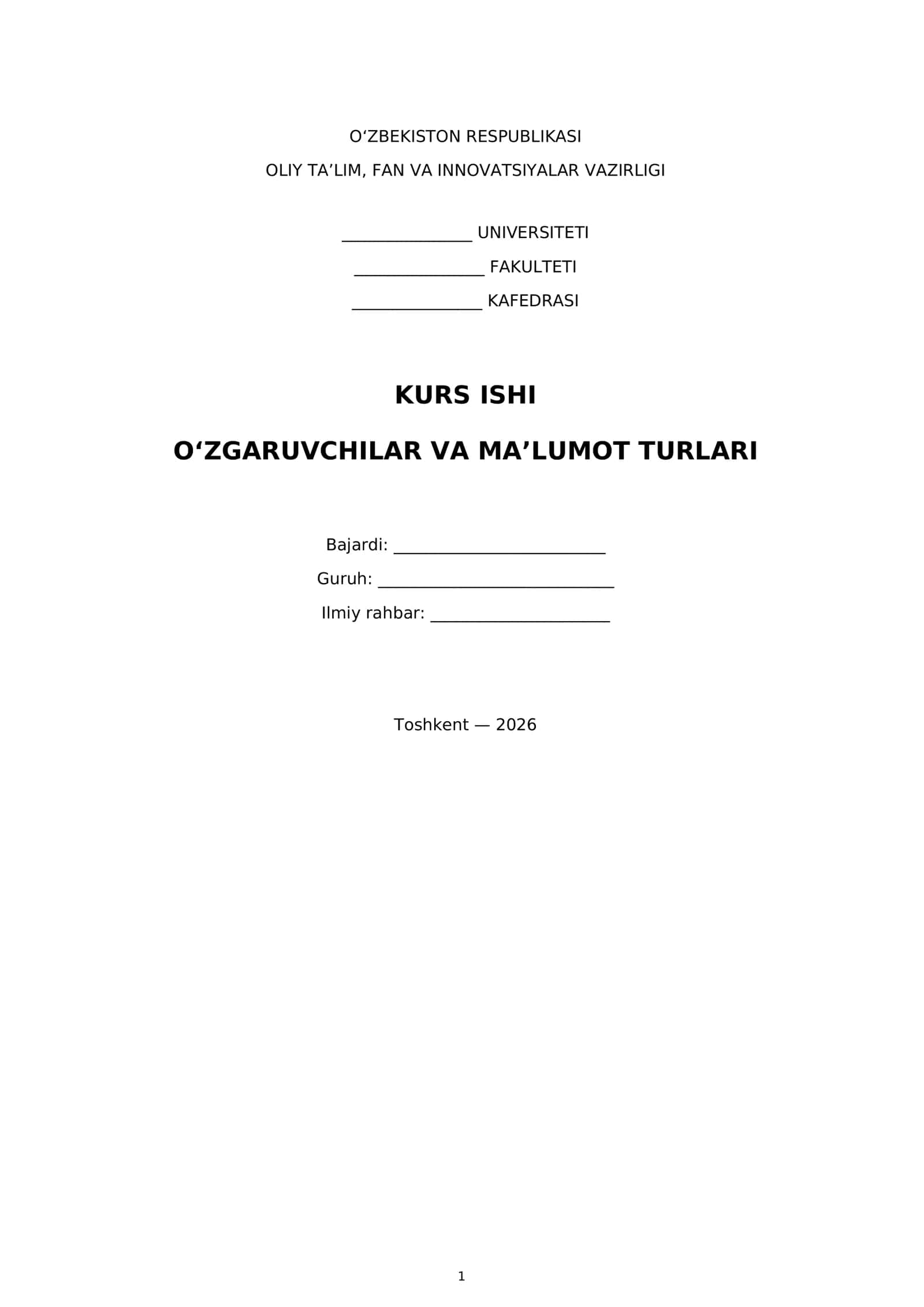 Kurs Ishi: O‘zgaruvchilar va Ma’lumot Turlari 1