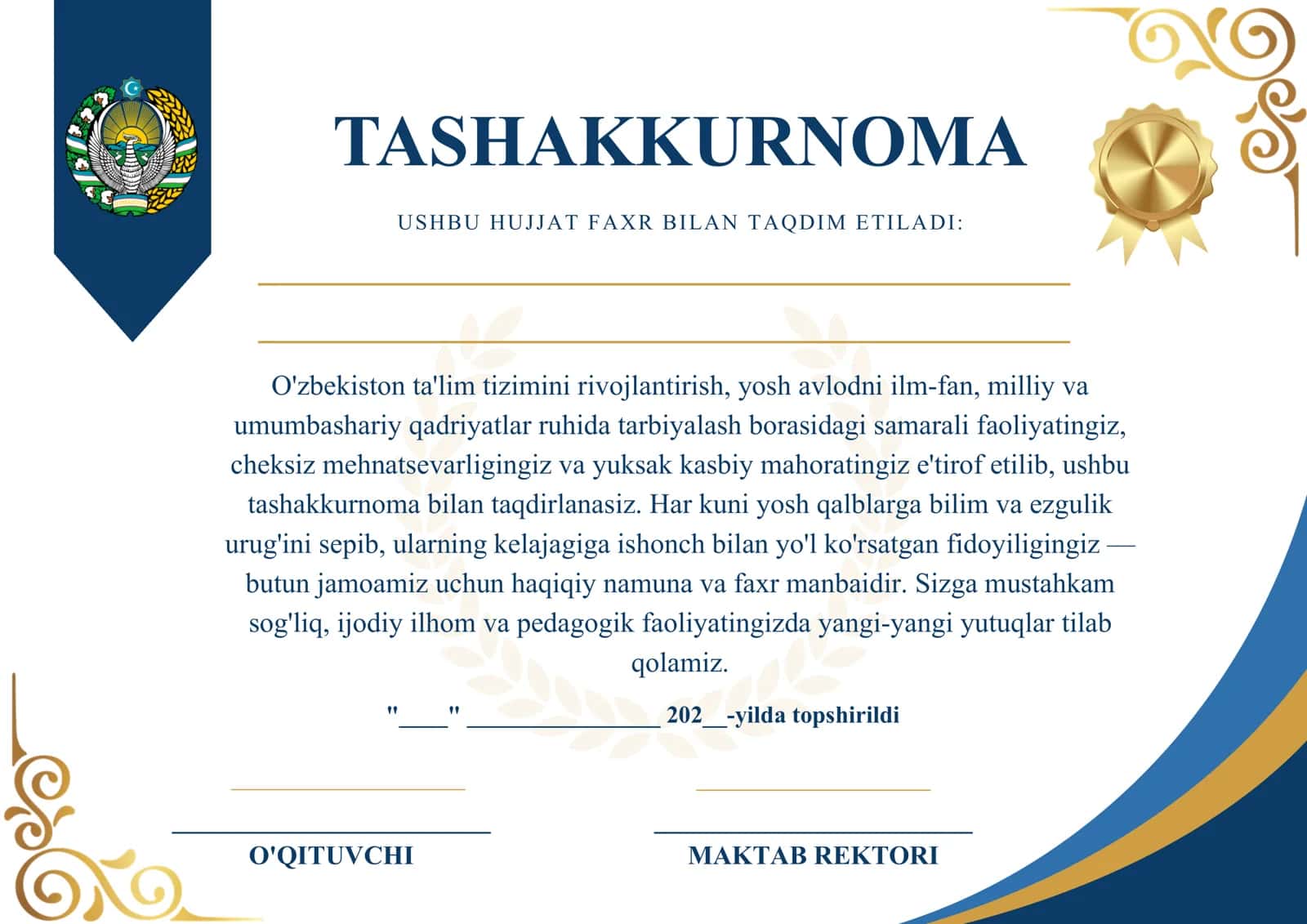 Diplom, Sertifikat, Tashakkurnoma, Maqtov Yorlig'i SHABLON       Tashakkurnoma Sertifikat shablon Diplom shablon Maqtov yorliq O'qituvchilar kuni 1-oktabr tabrik O'qituvchi va murabbiylar kuni Rahmatnoma Faxriy yorliq Ko'rik-tanlov diplomi 1