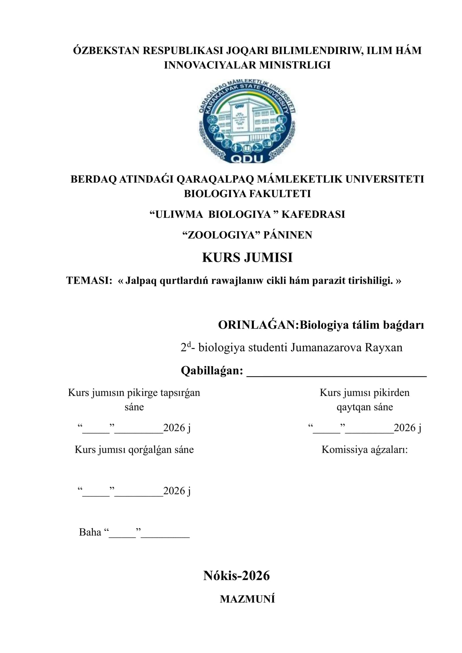 Jalpaq qurtlardıń rawajlanıw cikli hám parazit tirishiligi 1
