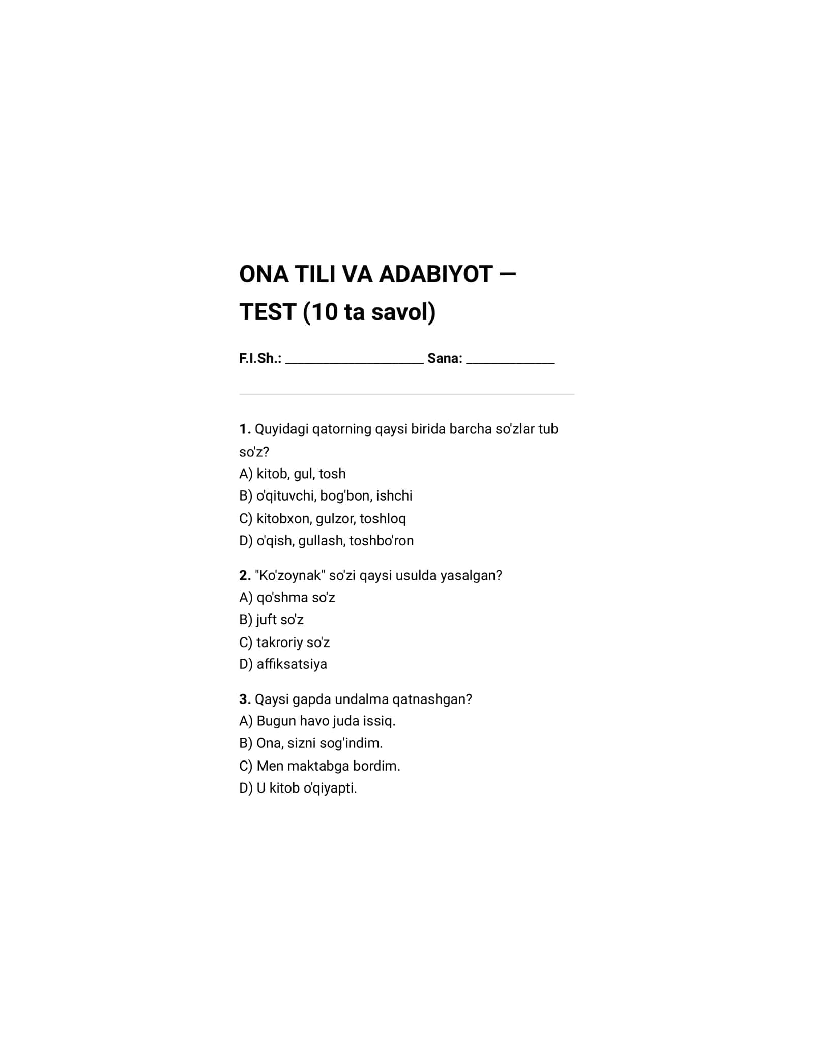 ONA TILI VA ADABIYOT TEST 1