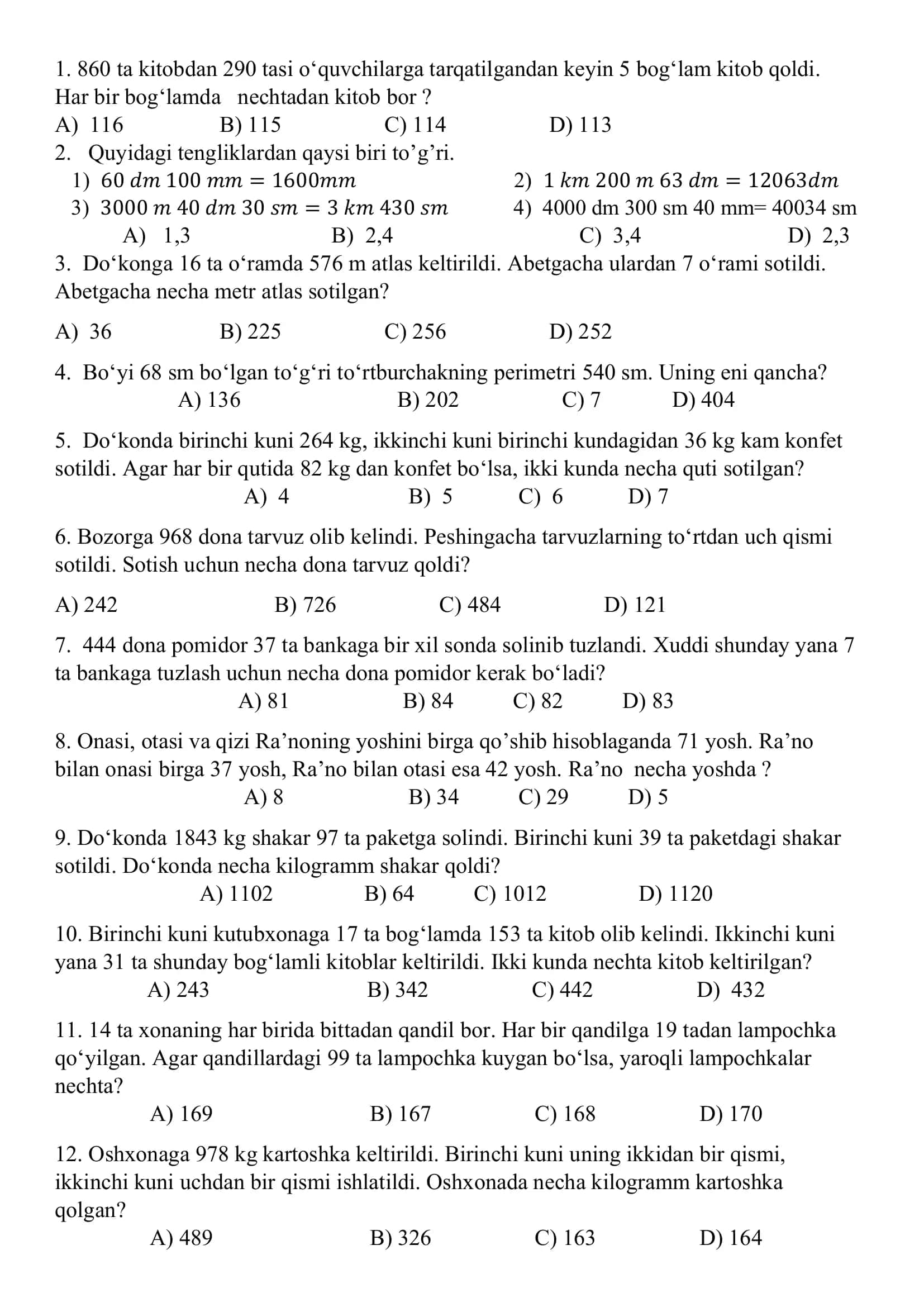 Matematikadan test 23 ta (3-4-sinf uchun) 1