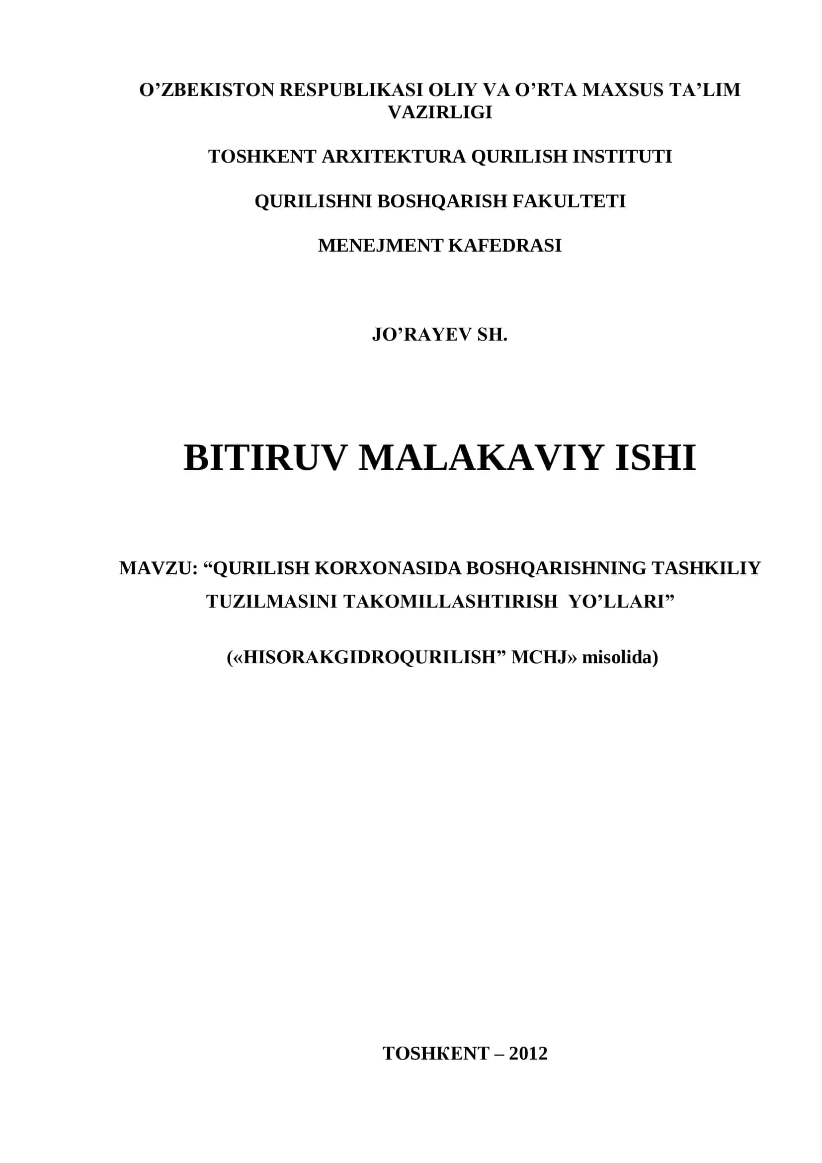 QURILISH KORXONASIDA BOSHQARISHNING TASHKILIY TUZILMASINI TAKOMILLASHTIRISH YO‟LLARI 1