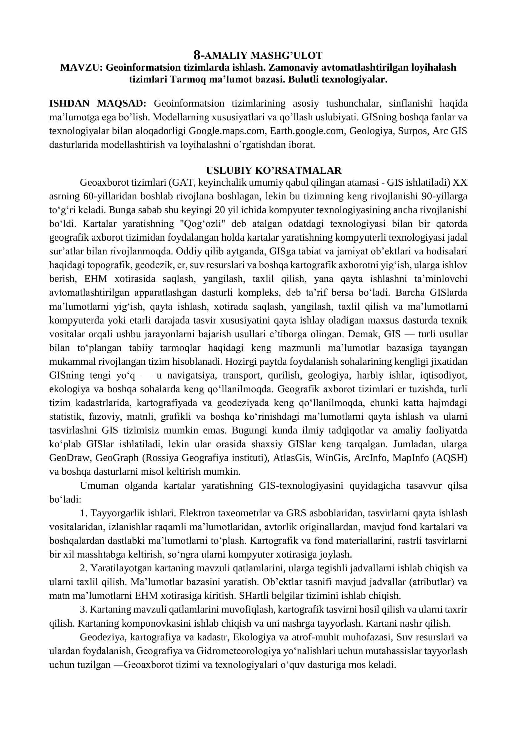 Geoinformatsion tizimlarinda ishlash 1
