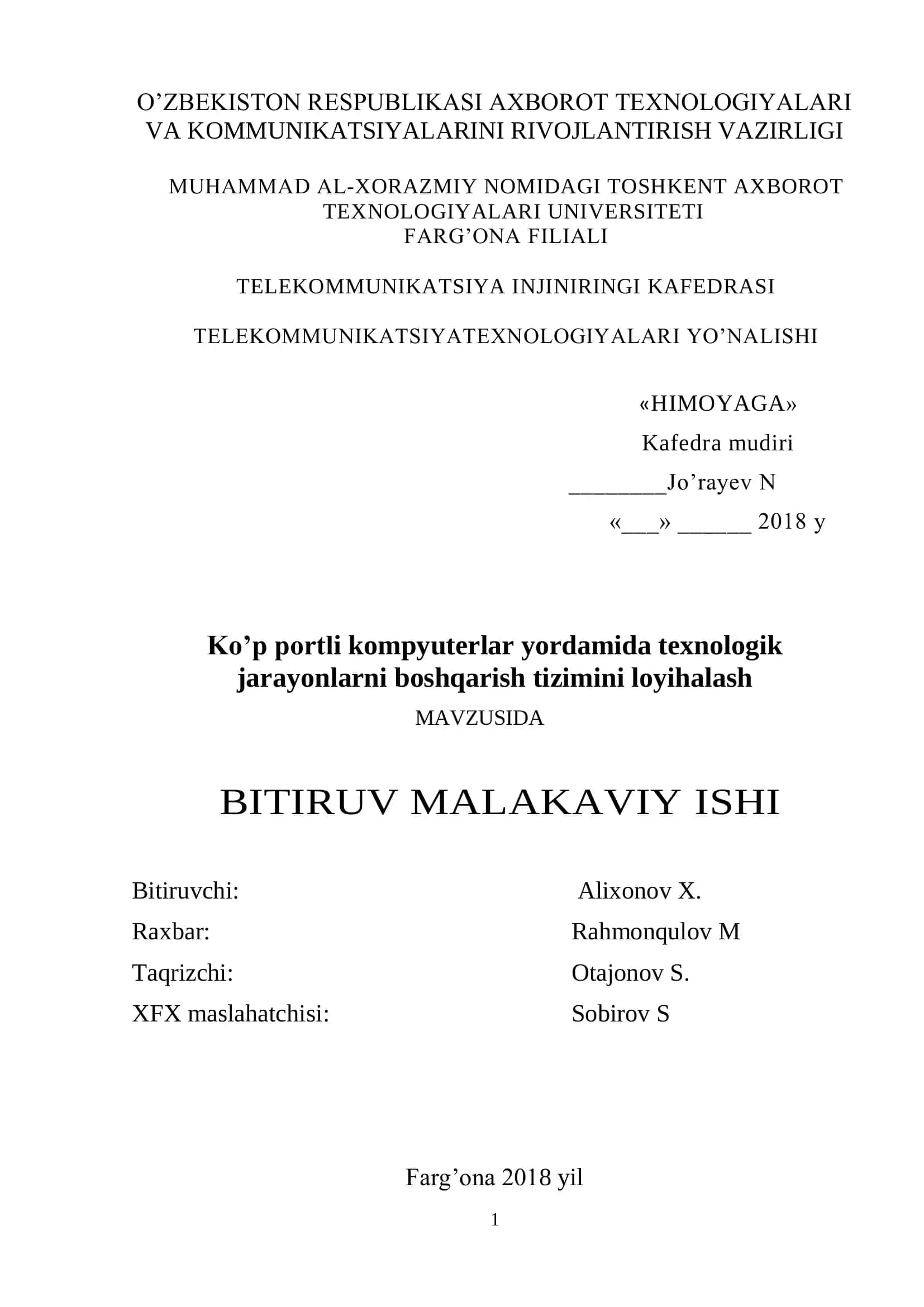 Texnologik jarayonlarni boshqarish tizimini loyihalash 1