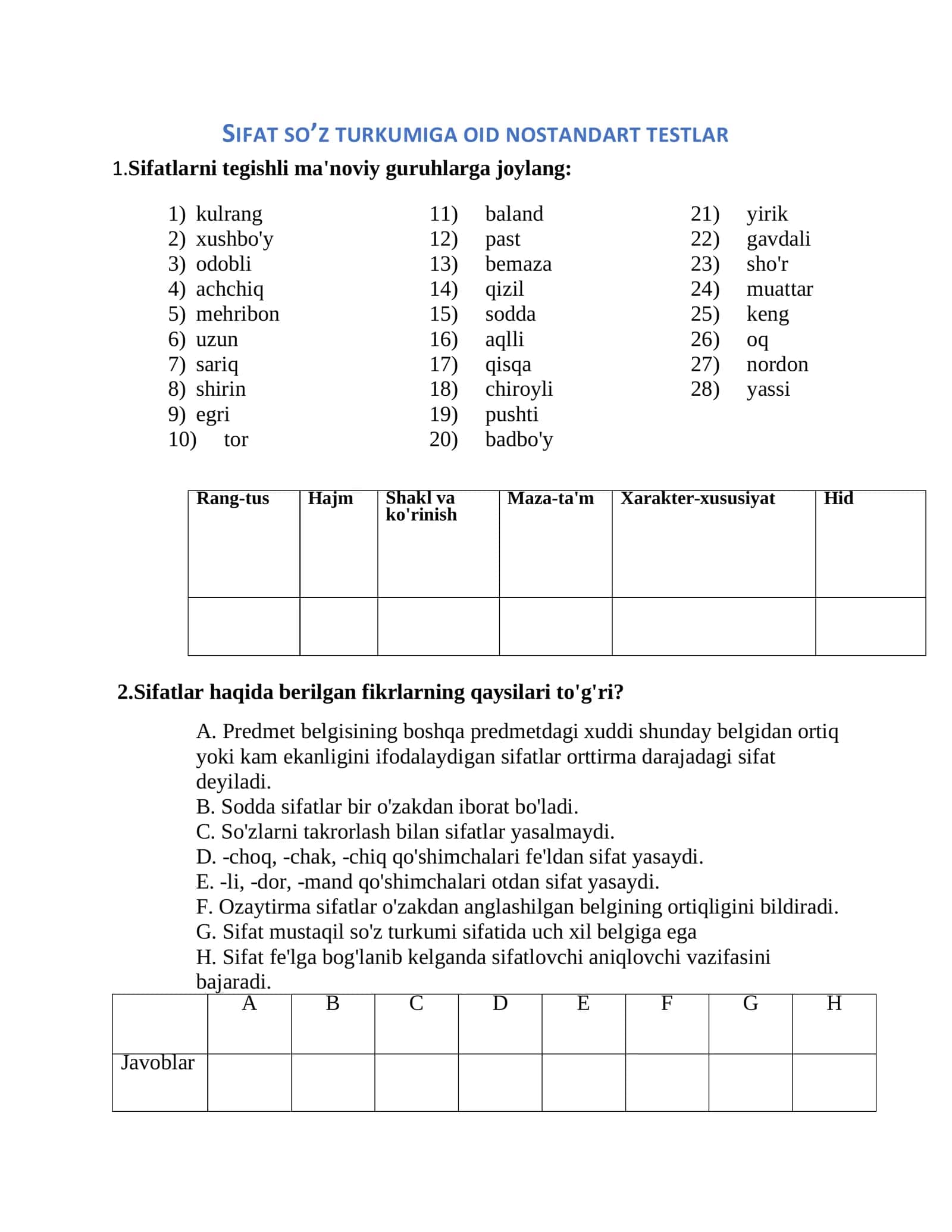 Sifat so'z turkumiga oid nostandart testlar 1