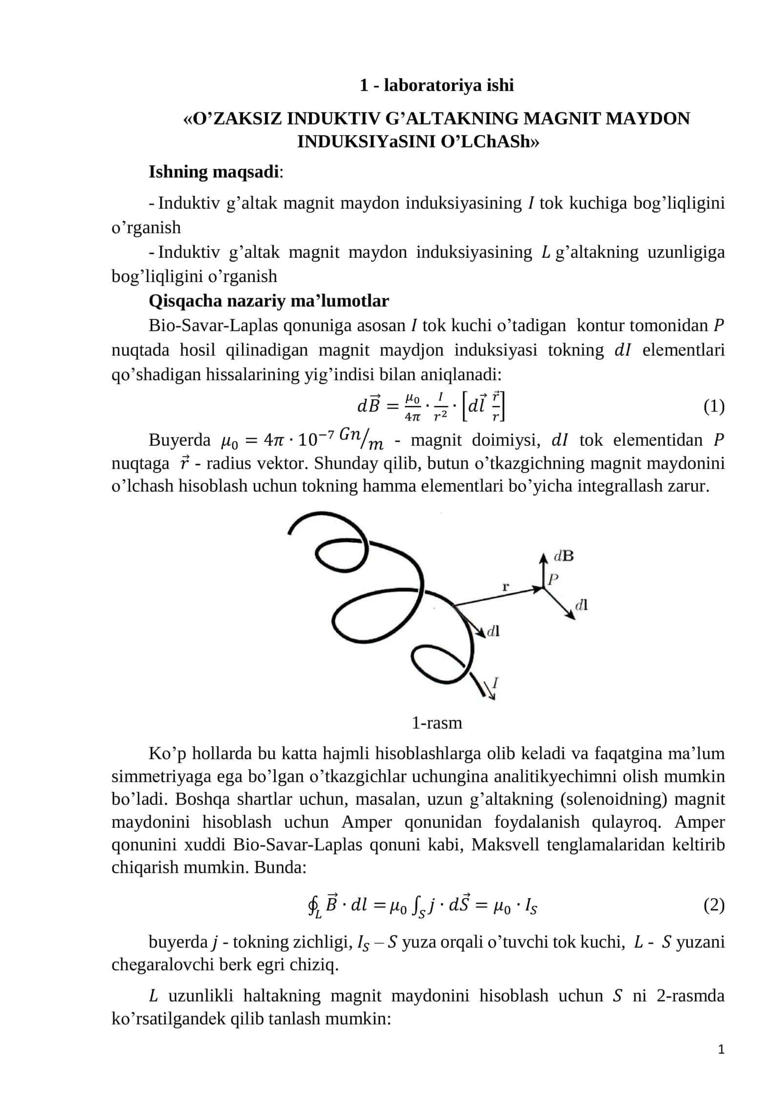 O’ZAKSIZ INDUKTIV G’ALTAKNING MAGNIT MAYDONINDUKSIYaSINI O’LChASh 1