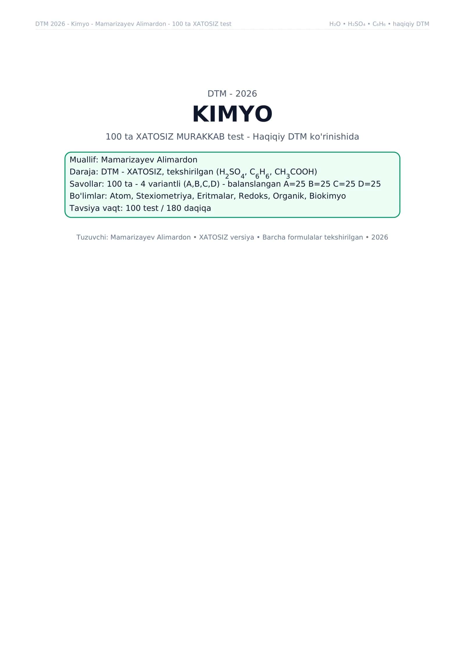 Kimyo DTM va Milliy sertifikat savollari 1