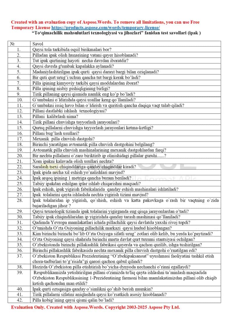 To‘qimachilik mahsulutlari texnologiyasi va jihozlari fanidan test savollari (ipak) 1