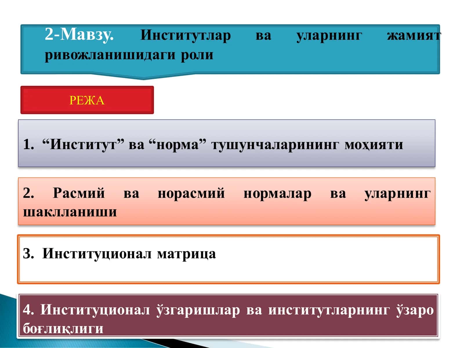 Режа: Институтлар ва уларнинг жамият ривожланишидаги роли 1
