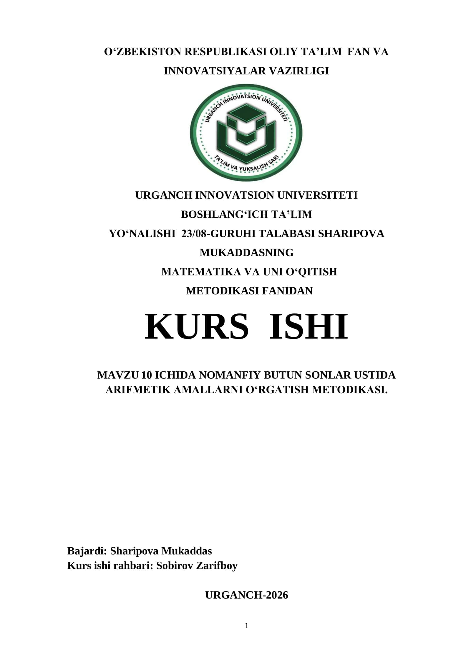 10 ICHIDA NOMANFIY BUTUN SONLAR USTIDA ARIFMETIK AMALLARNI OʻRGATISH METODIKASI 1