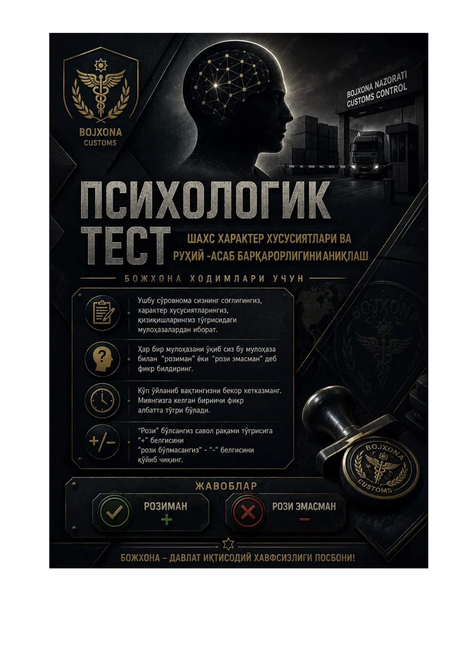 Bojxona qo‘mitasiga ishga kirish uchun test savol-javoblar to‘plami 1
