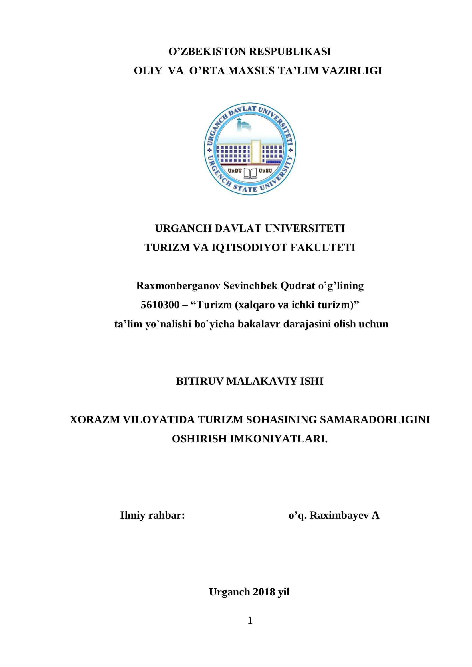 Turizm sohasining samaradorligini oshirish imkoniyatlari 1